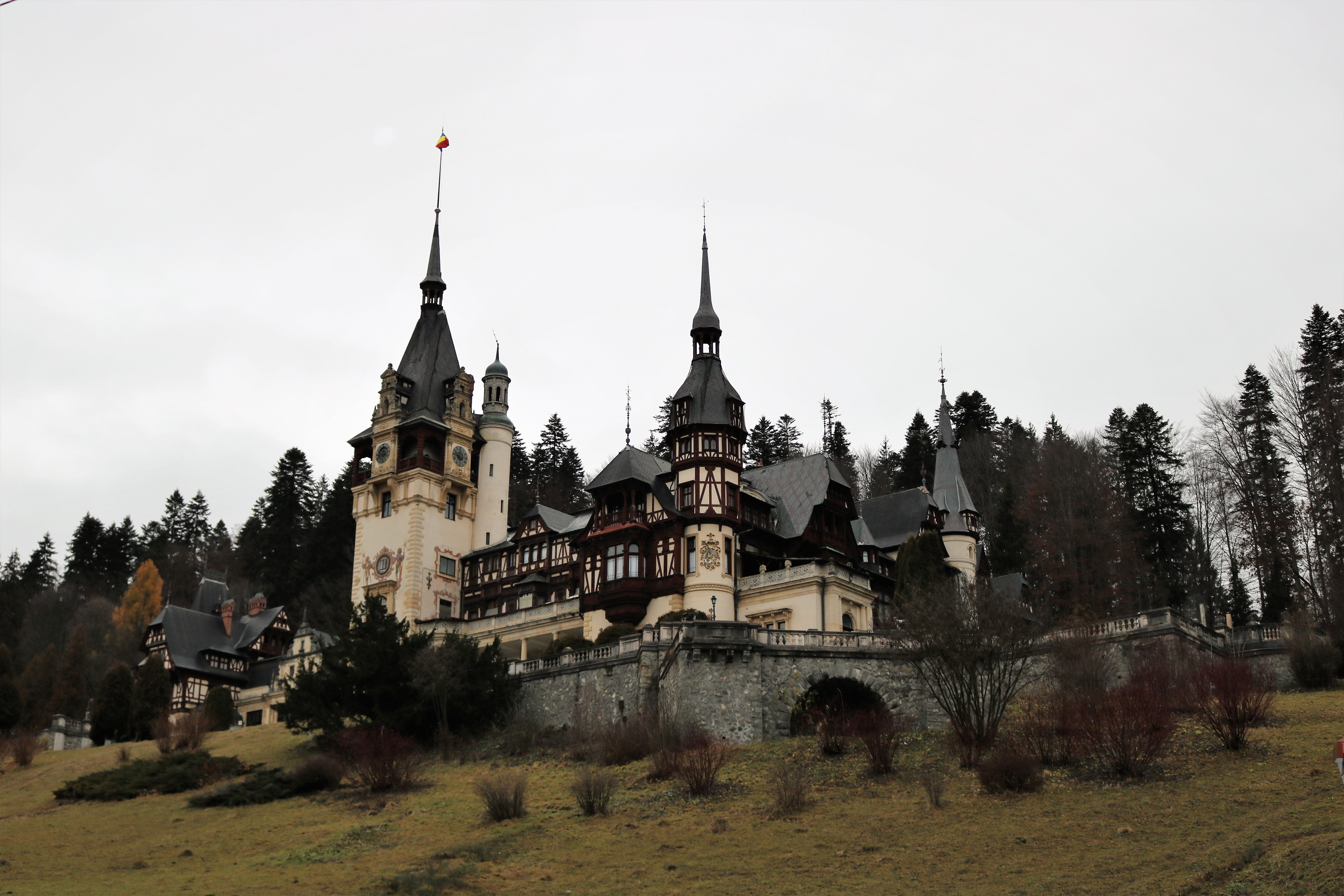 abbey, romania, castle, the past, tree, plant, history, travel destinations, building, 5K, day, place of worship, sinaia, spire, nature, architecture, HD Wallpaper
