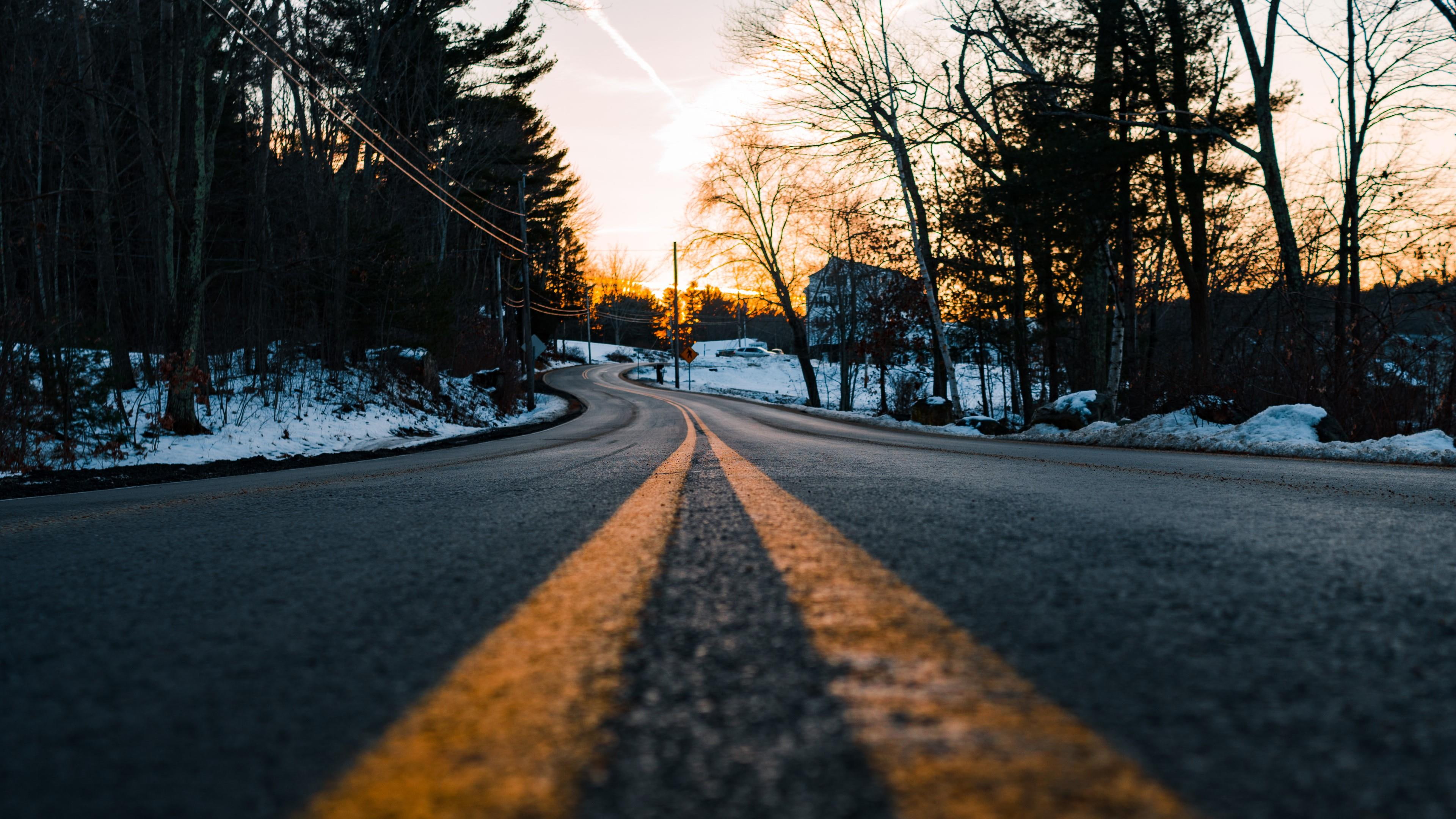 winter, sunlight, path, snow, road, sky, nature, freezing, tree, light, lane, 4K, HD Wallpaper