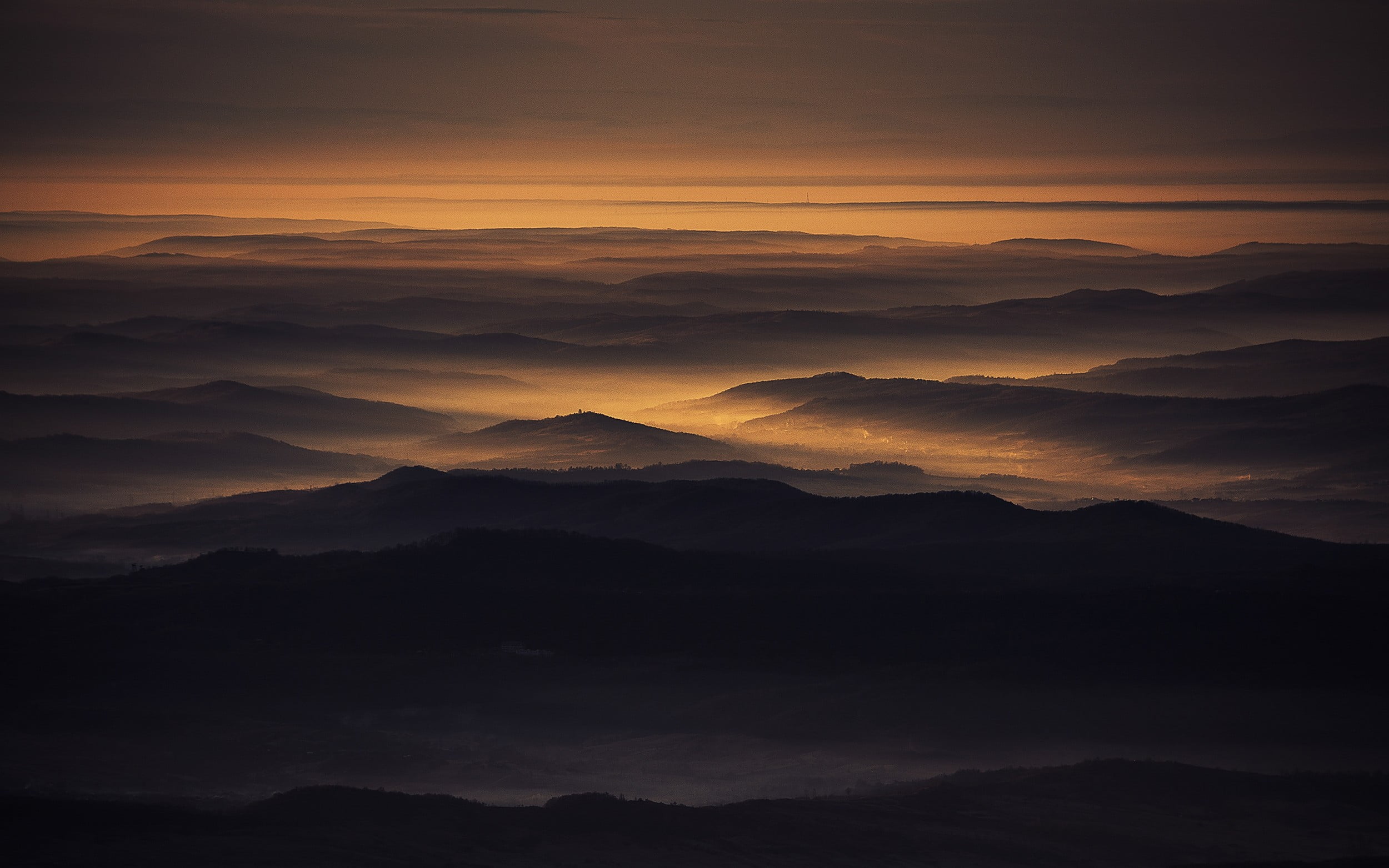 mountain, environment, tranquility, gold, non-urban scene, tranquil scene, mist, outdoors, mountain range, sunset, scenics - nature, no people, mountains, HD Wallpaper