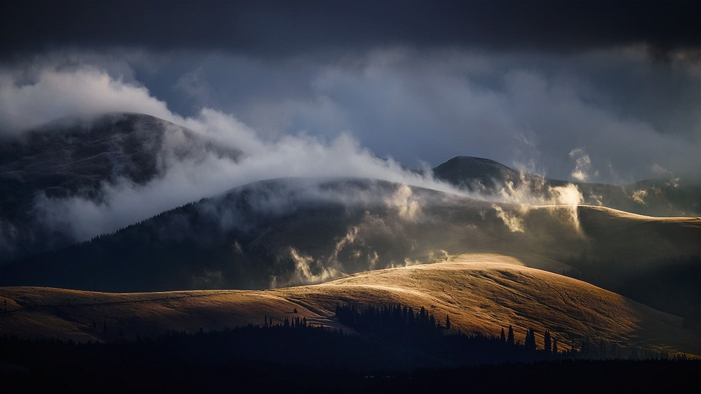 sunlight, mist, clouds, morning, nature, 720P, Romania, hills, landscape, dark, mountains, forest, HD Wallpaper