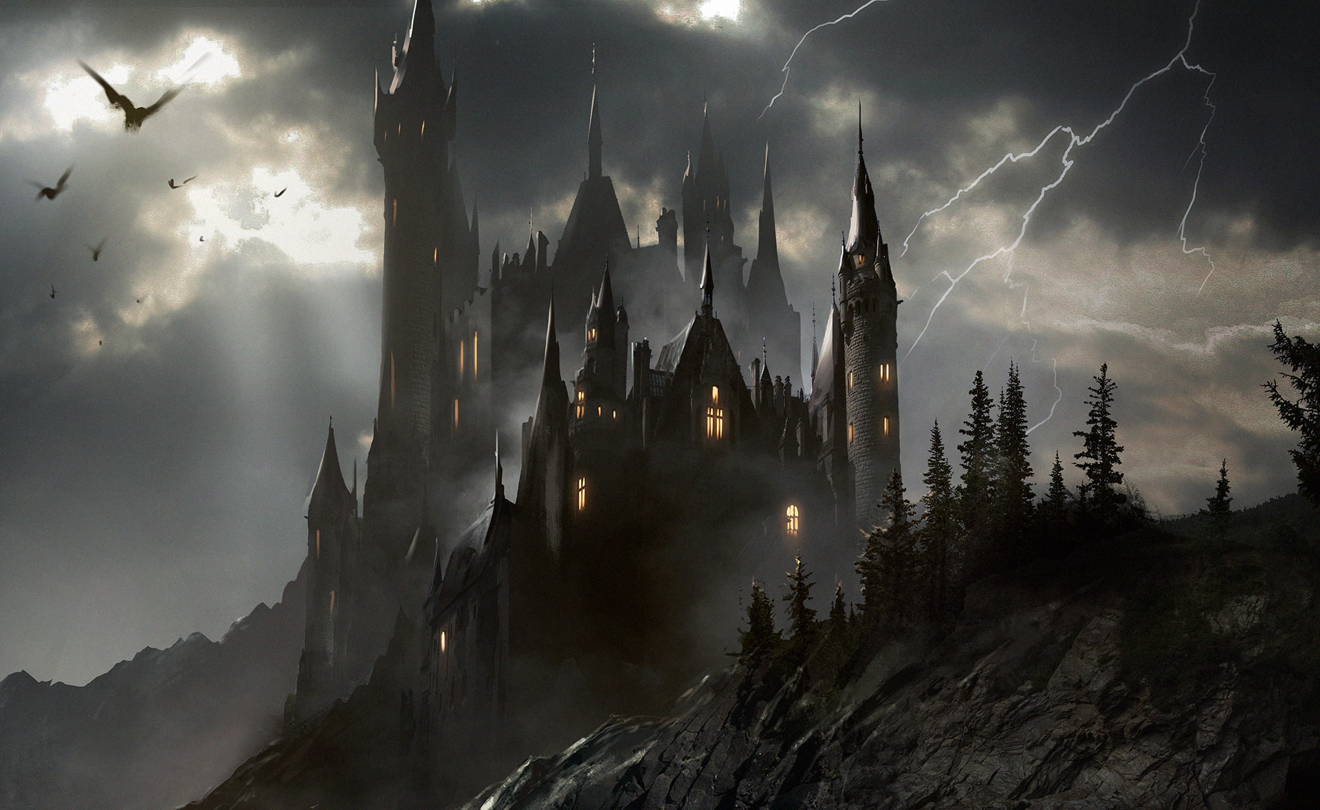 castle, 1080P, the storm, art, transylvania, HD Wallpaper