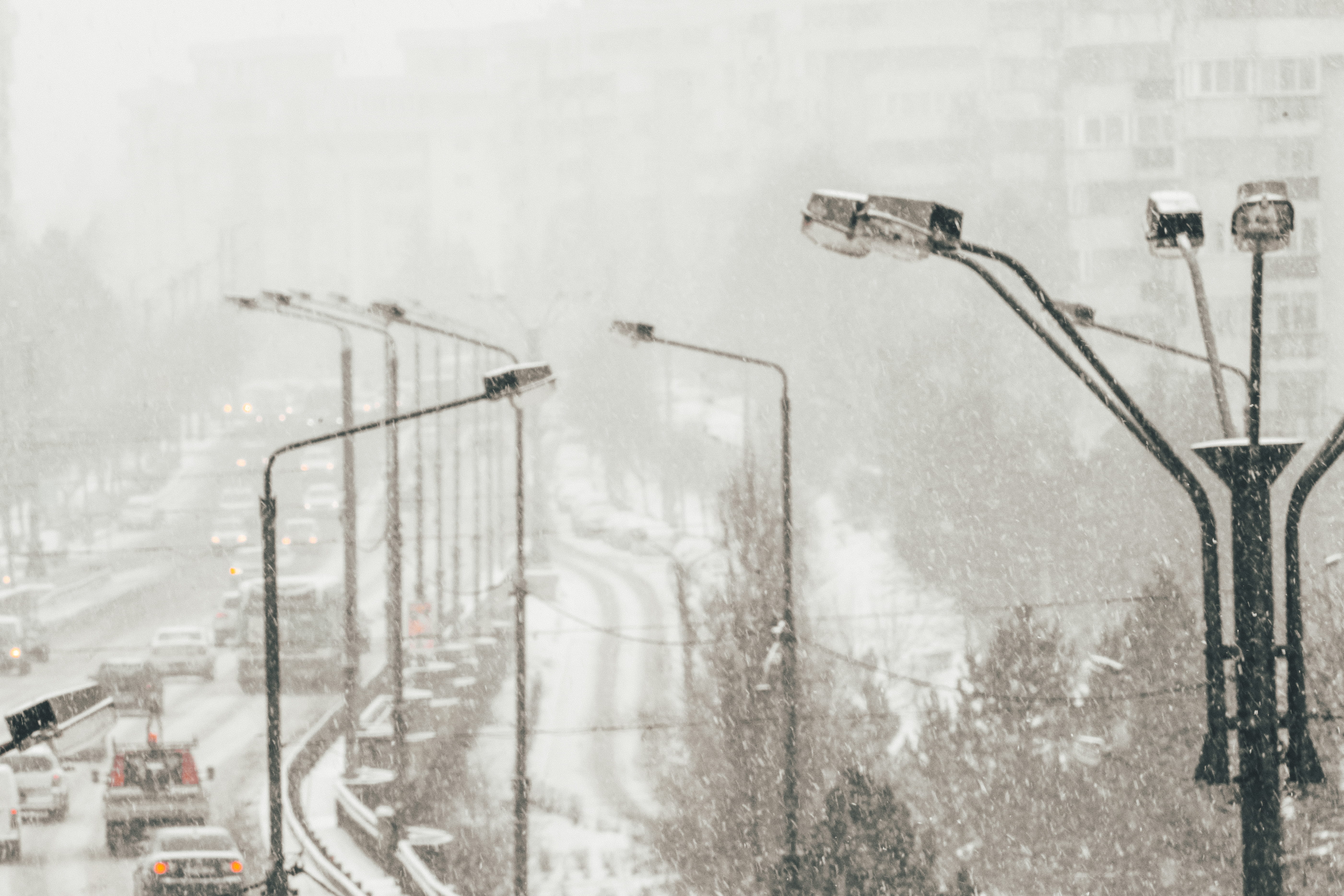 blizzard, architecture, light, street light, outdoors, snow, city, built structure, cars, no people, 5K, cluj-napoca, winter, extreme weather, romania, HD Wallpaper