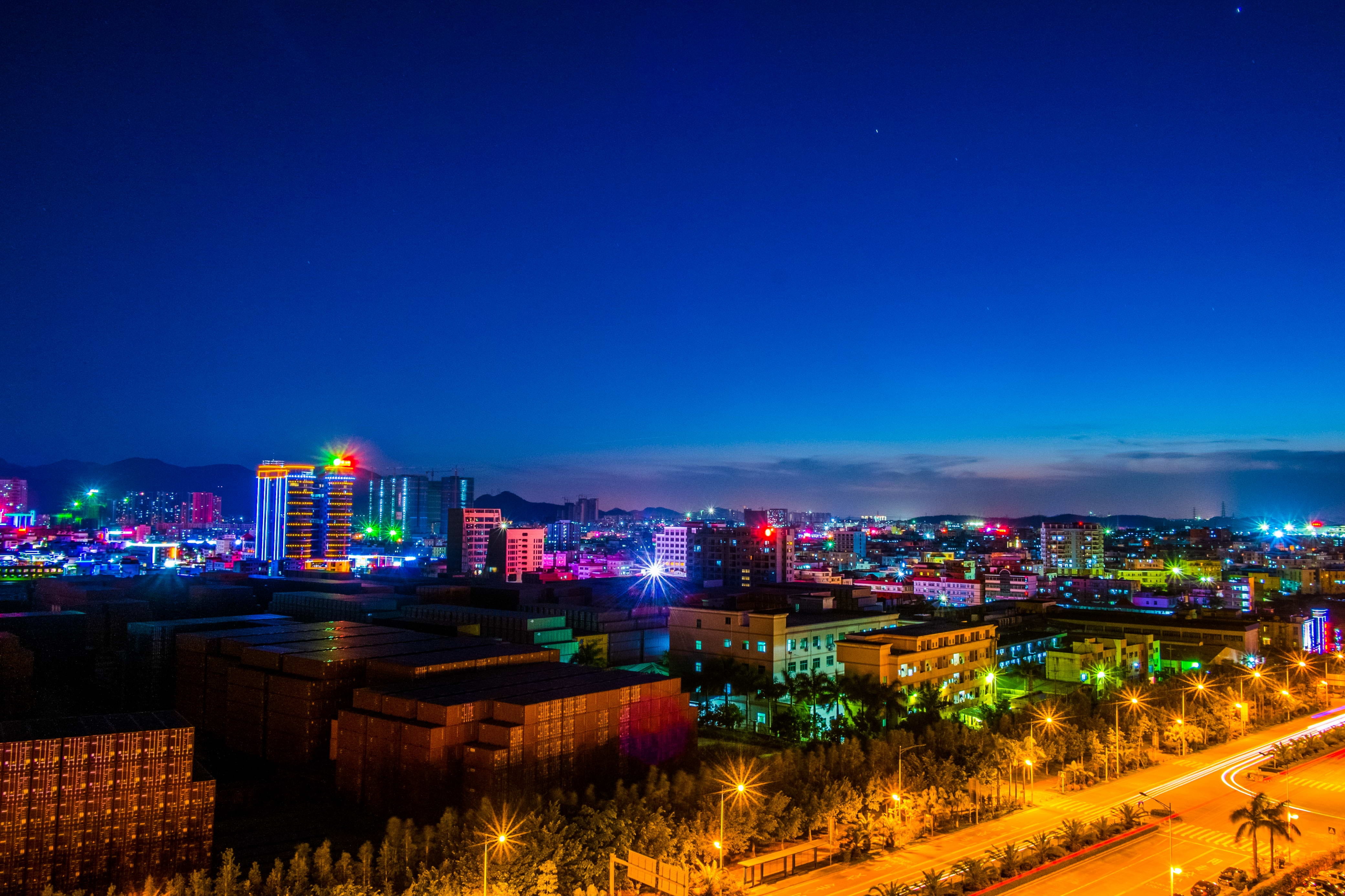 concrete, lights, street, 4K, downtown district, illuminated, urban skyline, buildings, landscape, guangdong, city, view, photography, office building exterior, HD Wallpaper