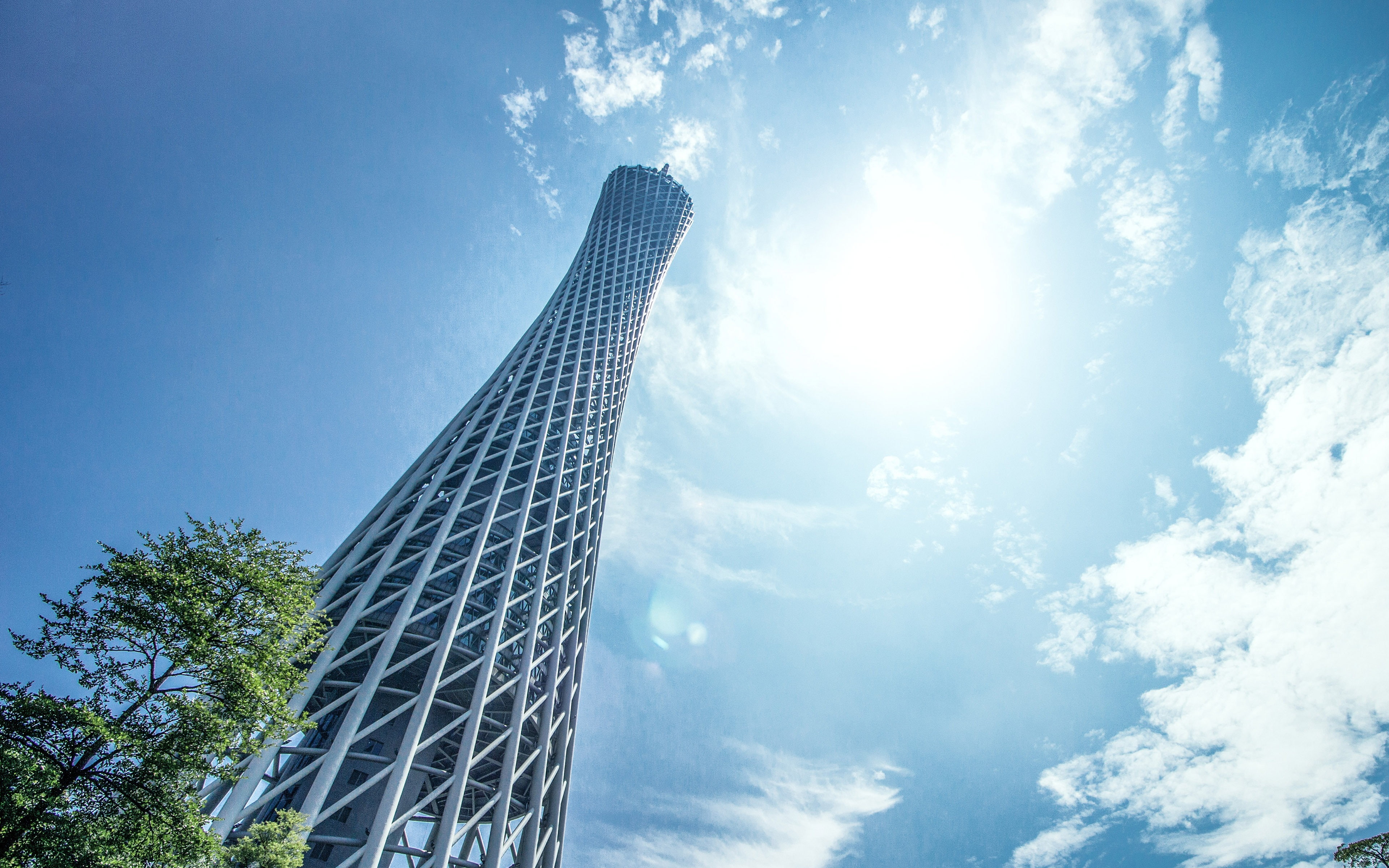 built structure, sunlight, building exterior, outdoors, nature, blue, cloud - sky, travel destinations, sky, china, tower, architecture, 4K, office, modern, HD Wallpaper
