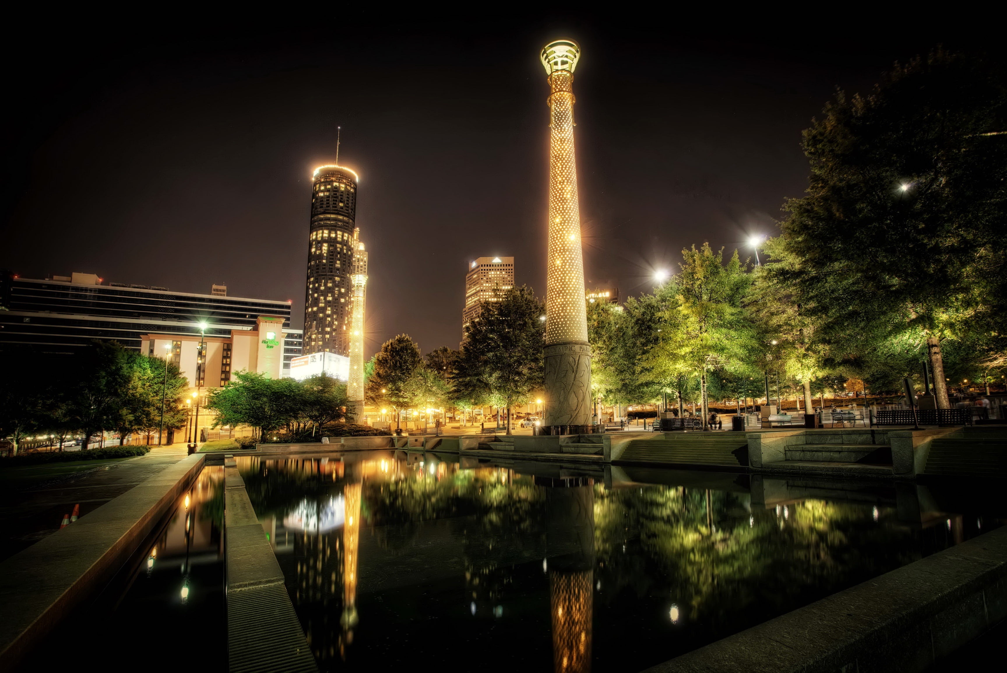 downtown District, cityscape, no people, waterfront, tall - High, building Exterior, gray, hdr, famous Place, urban Scene, centennial atlanta, nature, illuminated, HD Wallpaper