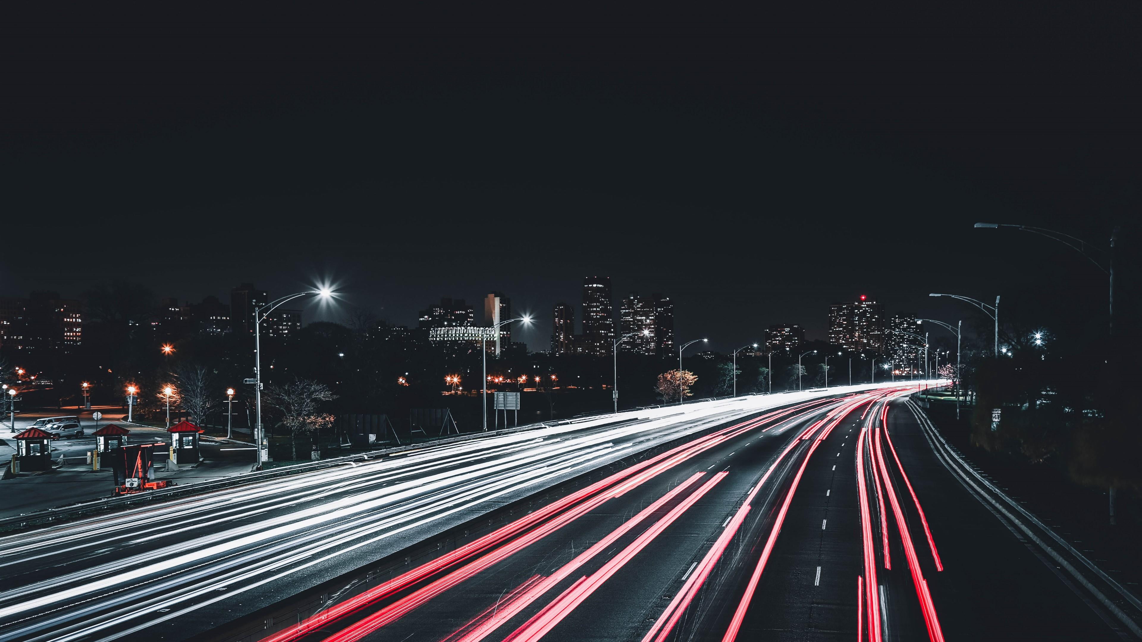 city life, street light, road, speed, skyscraper, street, built structure, 4K, multiple lane highway, long exposure, night, outdoors, city, blurred motion, HD Wallpaper