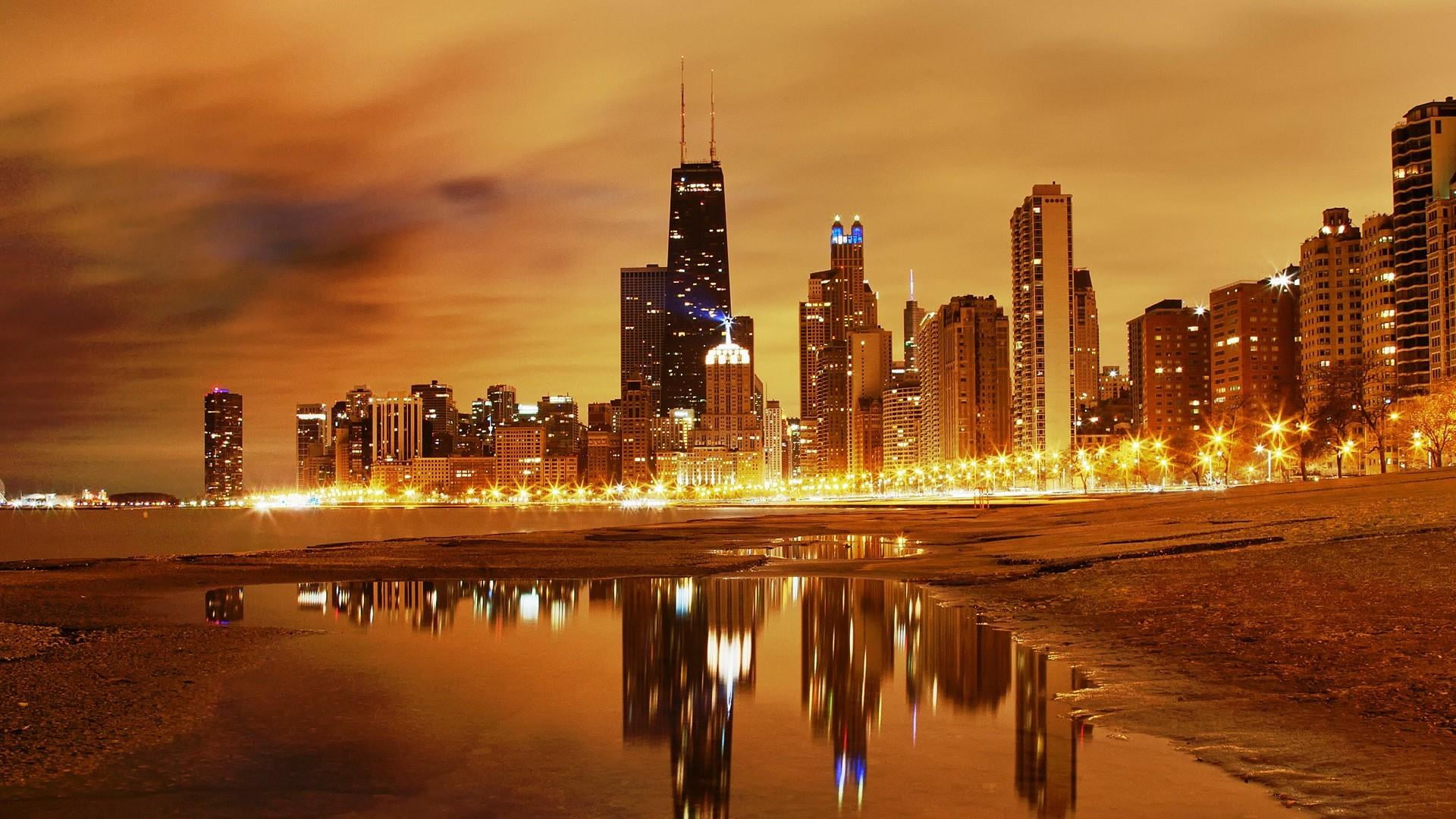 illuminated, reflected, downtown district, lights, 1080P, residential district, urban skyline, skyscraper, sky, citylights, cityscape, reflection, night, HD Wallpaper