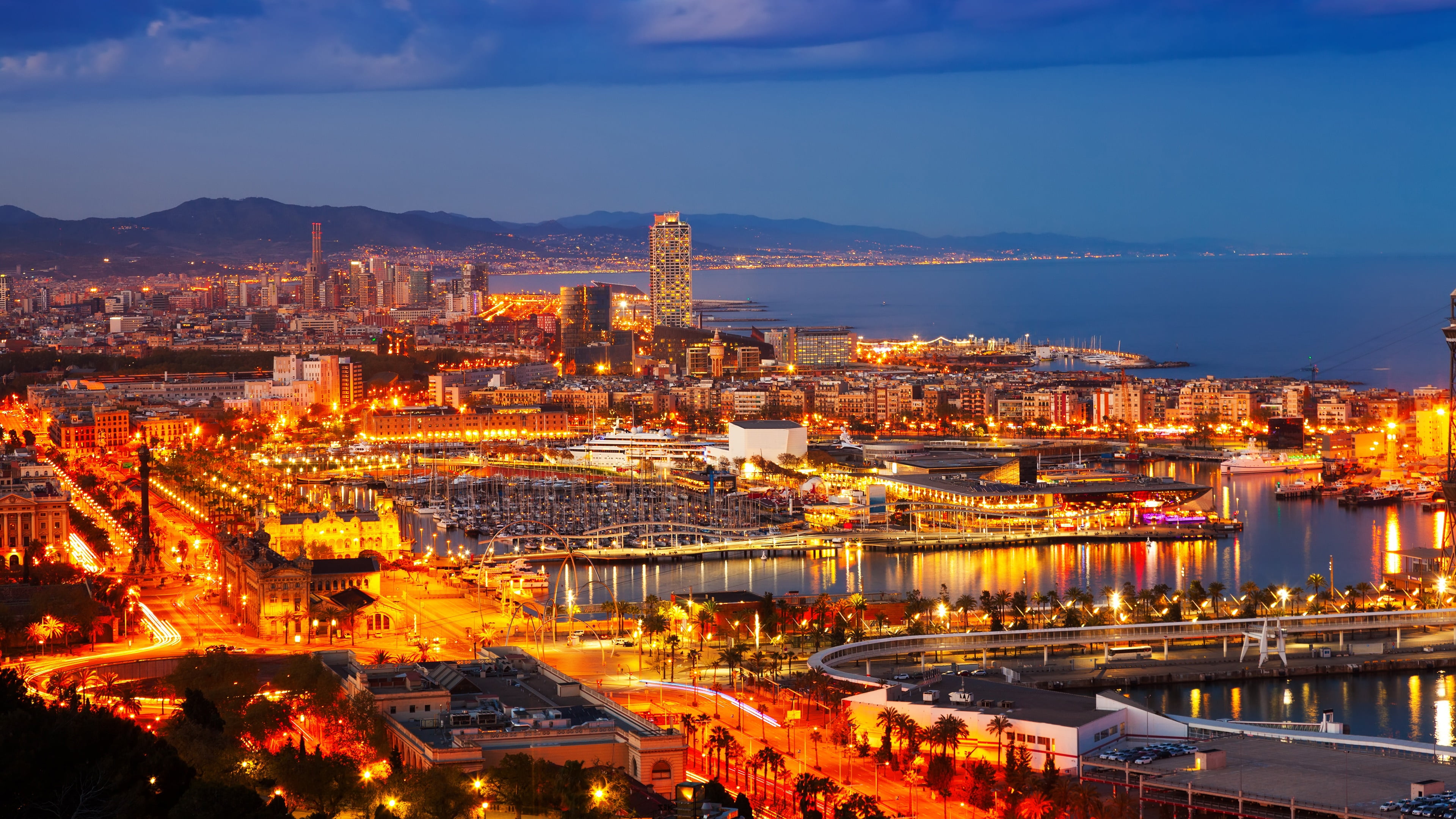 spain, travel destinations, harbor, urban skyline, europe, built structure, city, cityscape, night, nature, evening, building exterior, water, 4K, citylights, HD Wallpaper