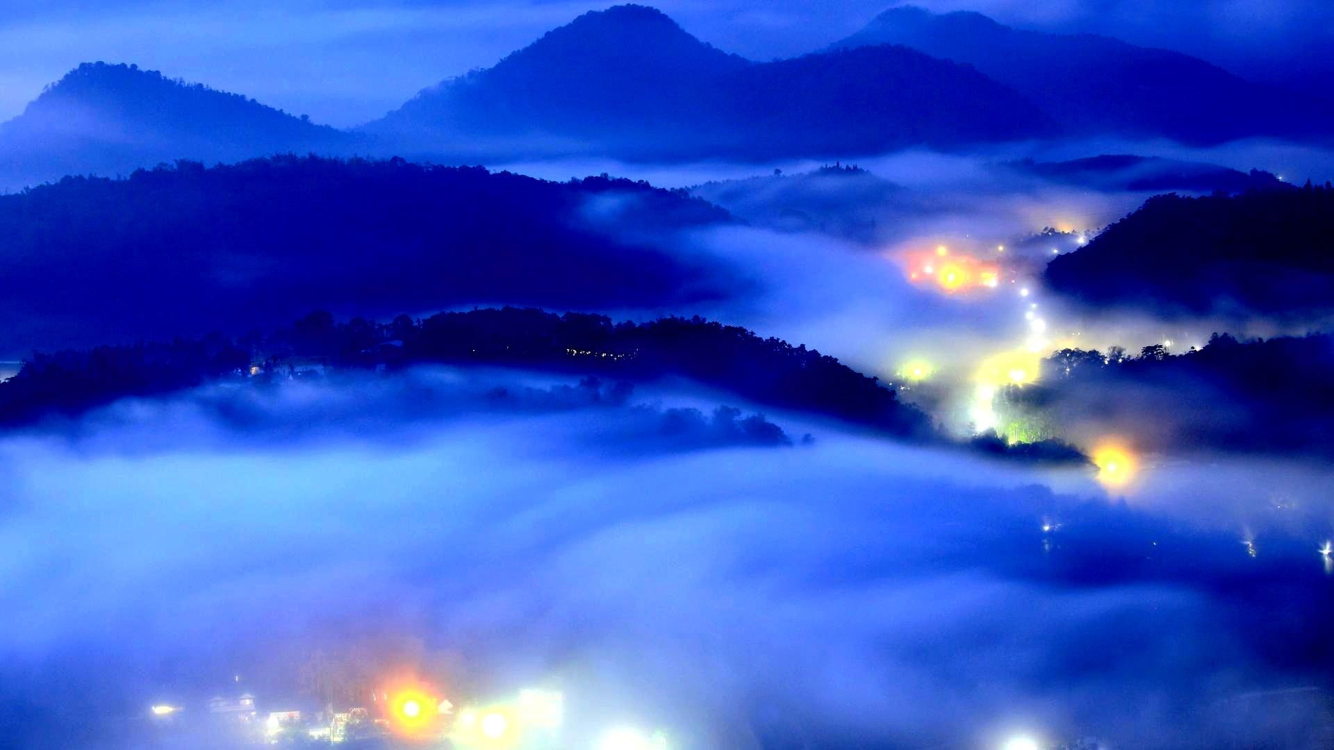 1080P, landscapes, hills, lights, blue, mountain, silhouette, covered, mist, citylights, white, city, clouds, 3d and abstract, HD Wallpaper