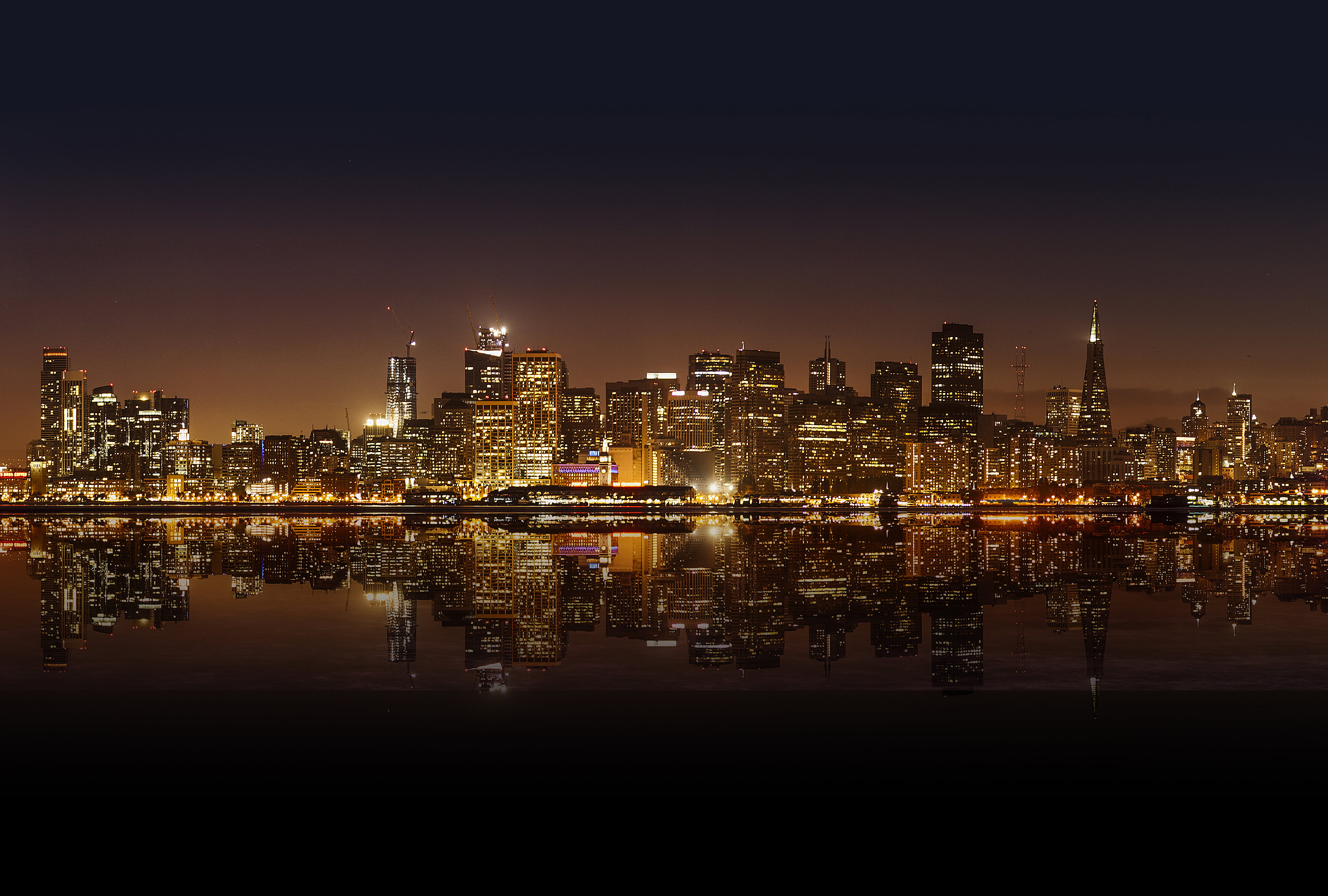 office building exterior, nightlife, no people, travel, skyscrapers, reflection, sky, dawn, light, building exterior, modern, city, dusk, outdoors, 4K, HD Wallpaper