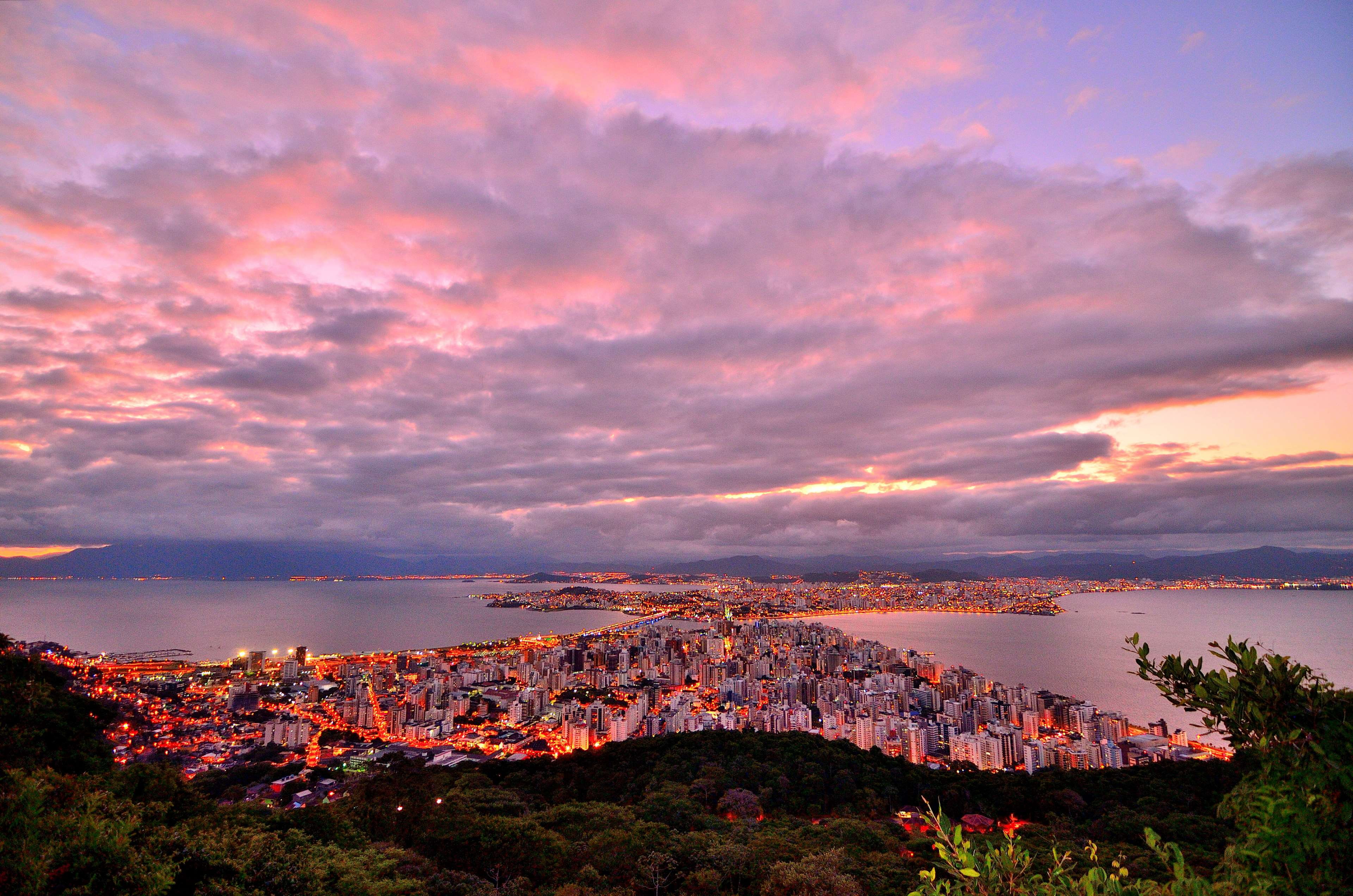 landscape, town, built structure, seascape, sea, citylights, cityscape, building exterior, outdoors, beach, 4K, dawn, scenery, sky, sunset, mountain, dramatic sky, HD Wallpaper