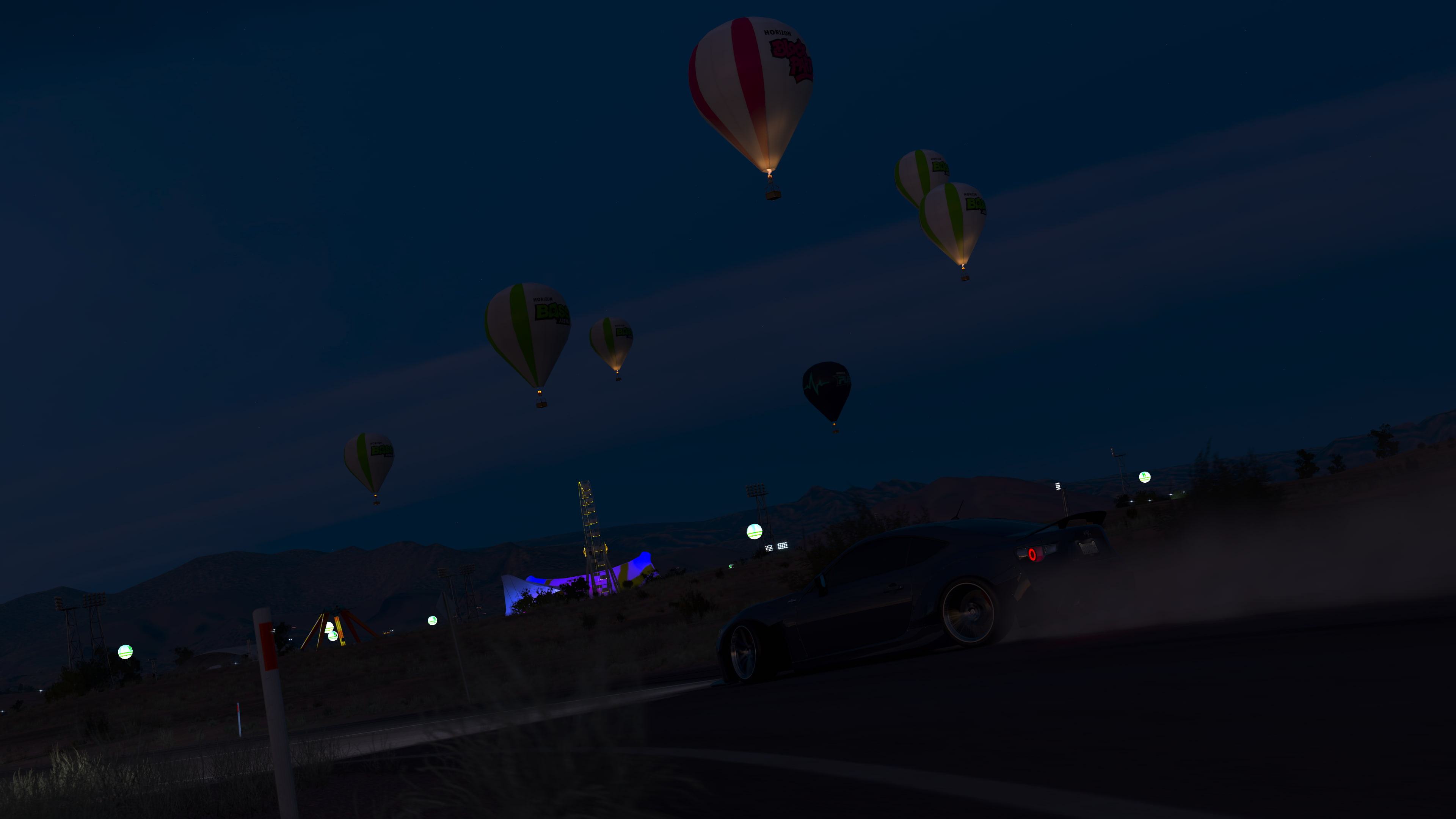 mid-air, forza horizon 3, car, Forza, transportation, sky, ballooning festival, illuminated, motion, city, night, dusk, no people, mode of transportation, HD Wallpaper