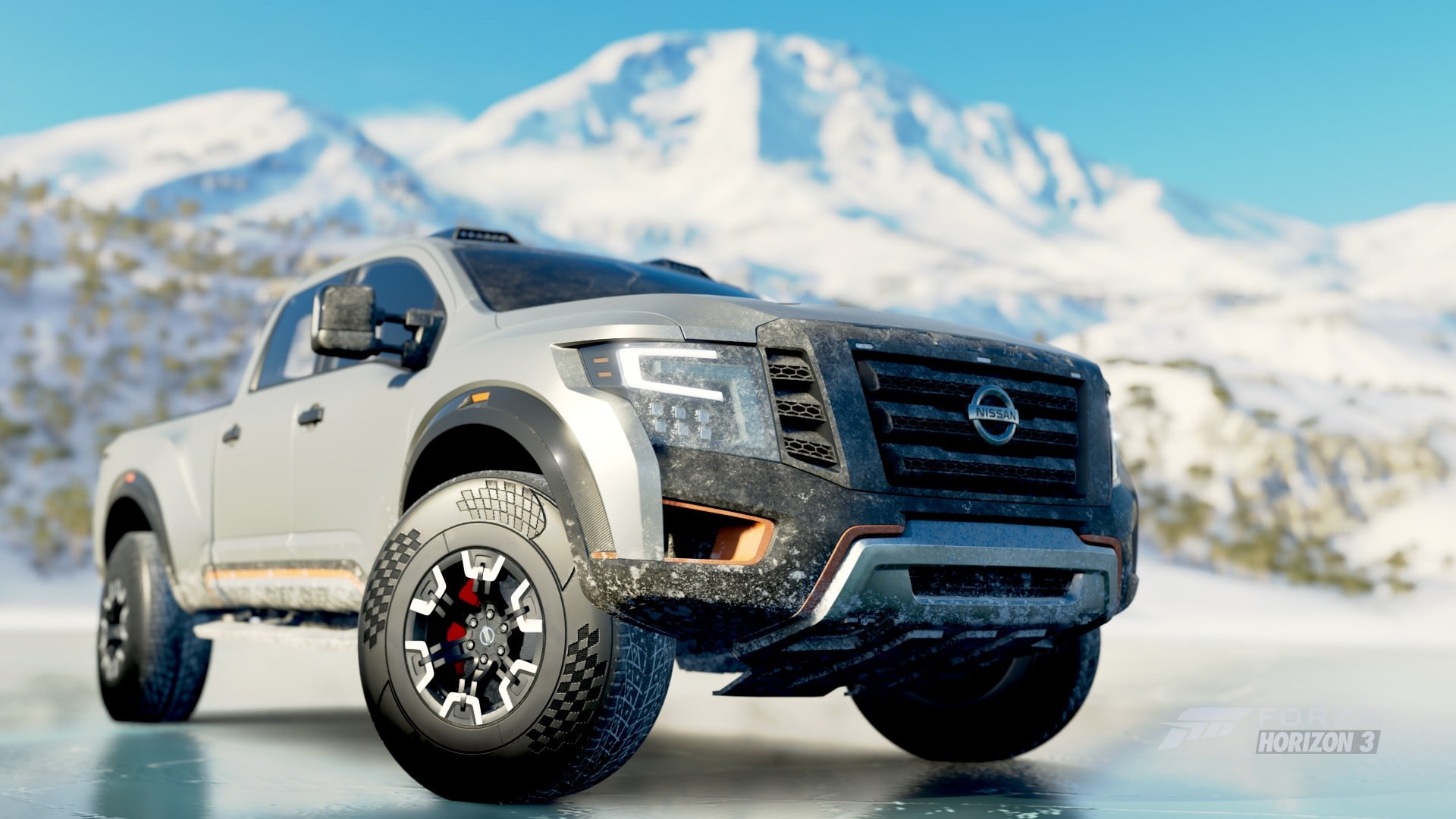 close-up, sky, forza horizon 3, 1080P, scenics - nature, Nissan Titan Warrior, non-urban scene, cold temperature, video games, land vehicle, day, winter, HD Wallpaper