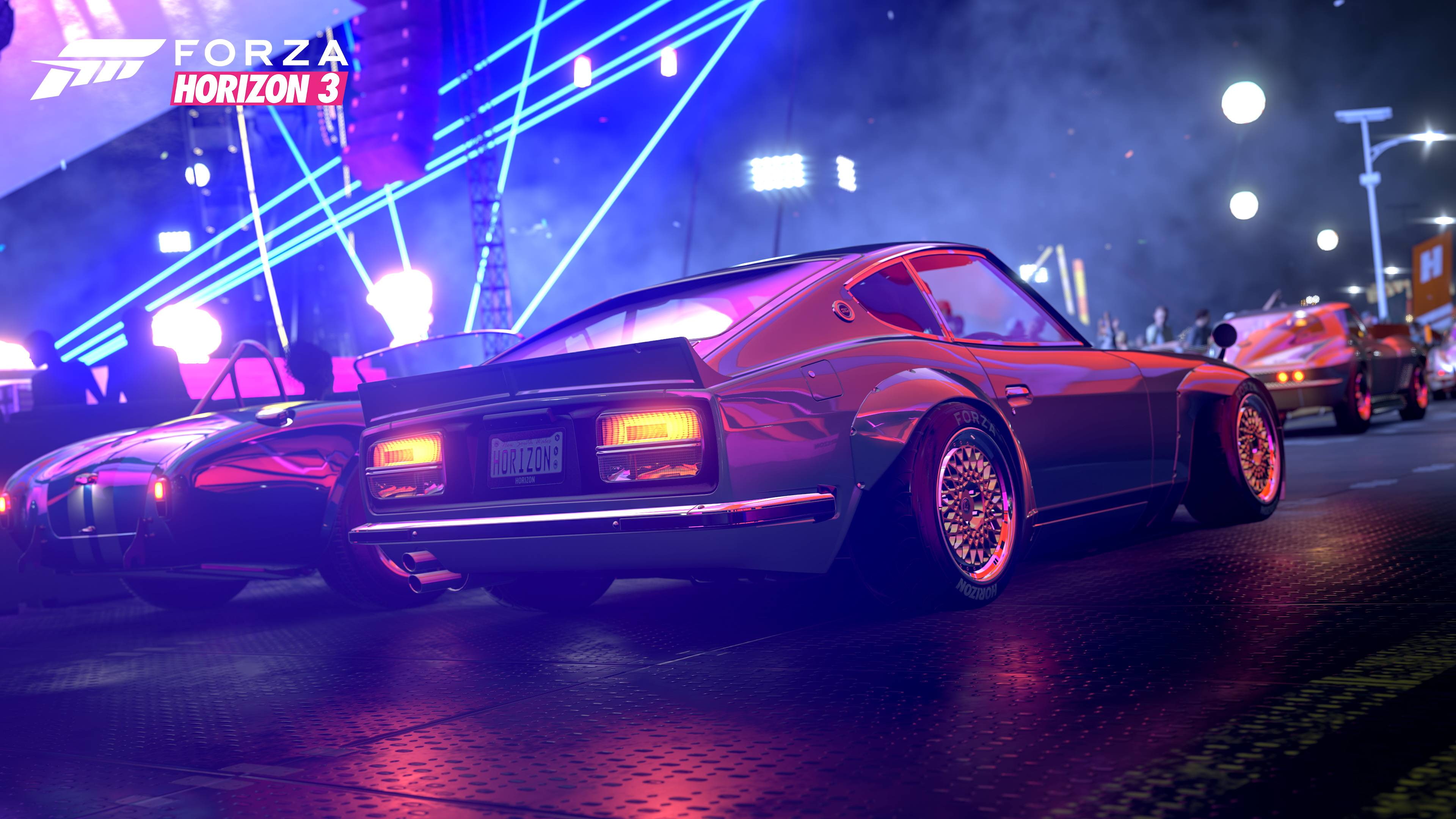 4K, Forza Games, neon glow, Forza, Ford Coupe Cobra, Ford Mustang, racing, neon, street light, forza horizon 3, HD Wallpaper