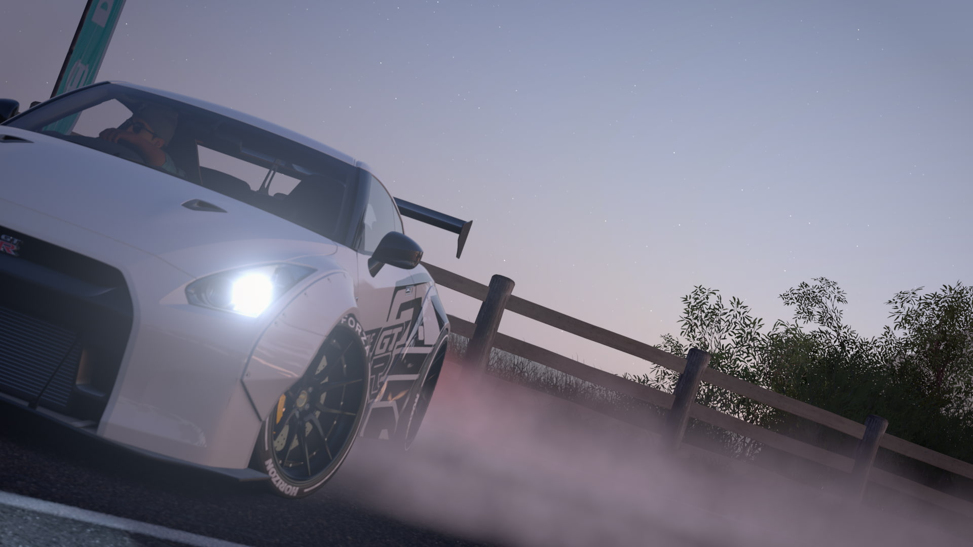 motor vehicle, railing, outdoors, plant, tree, headlight, illuminated, land vehicle, no people, cinematic, nature, mode of transportation, wheel, forza horizon 3, HD Wallpaper