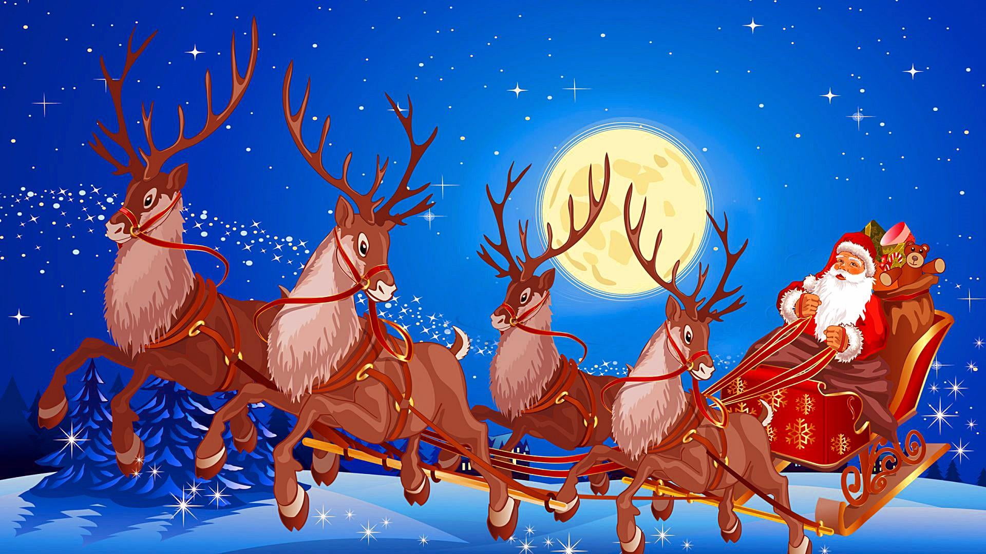 reindeer, sky, 1080P, animal wildlife, animal representation, deer, group of animals, blue background, animal themes, domestic animals, night, christmas, HD Wallpaper