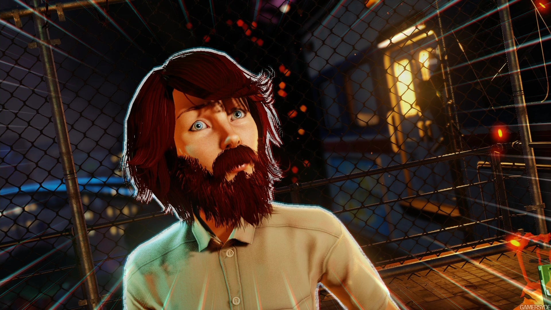 shirt, portrait, leisure activity, focus on foreground, chainlink fence, Xbox One, casual clothing, Sunset Overdrive, lifestyles, illuminated, women, standing, HD Wallpaper