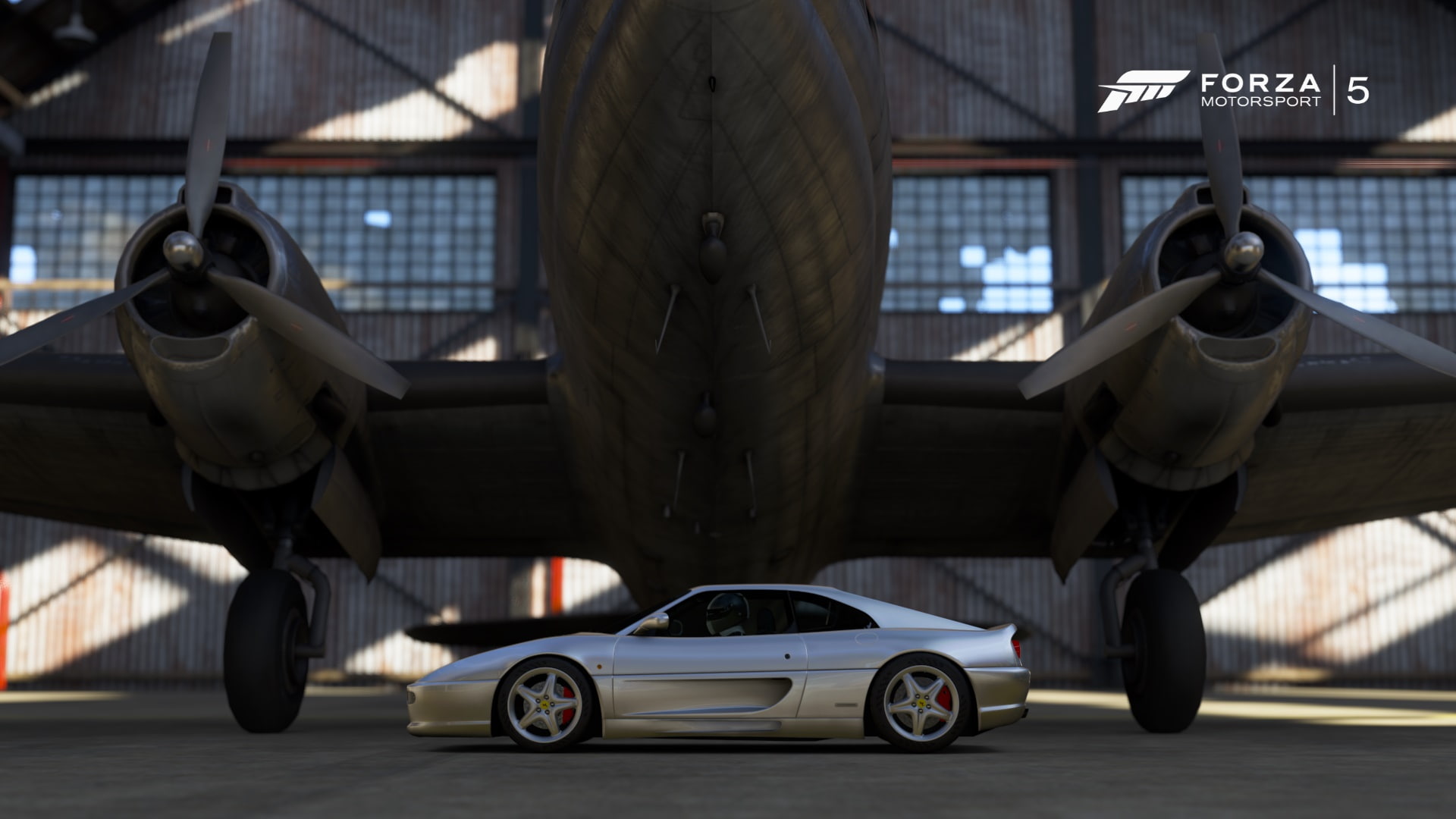 luxury, built structure, motor vehicle, Ferrari 355, airport runway, no people, day, focus on foreground, Forza Motorsport 5, 1080P, air vehicle, close-up, HD Wallpaper