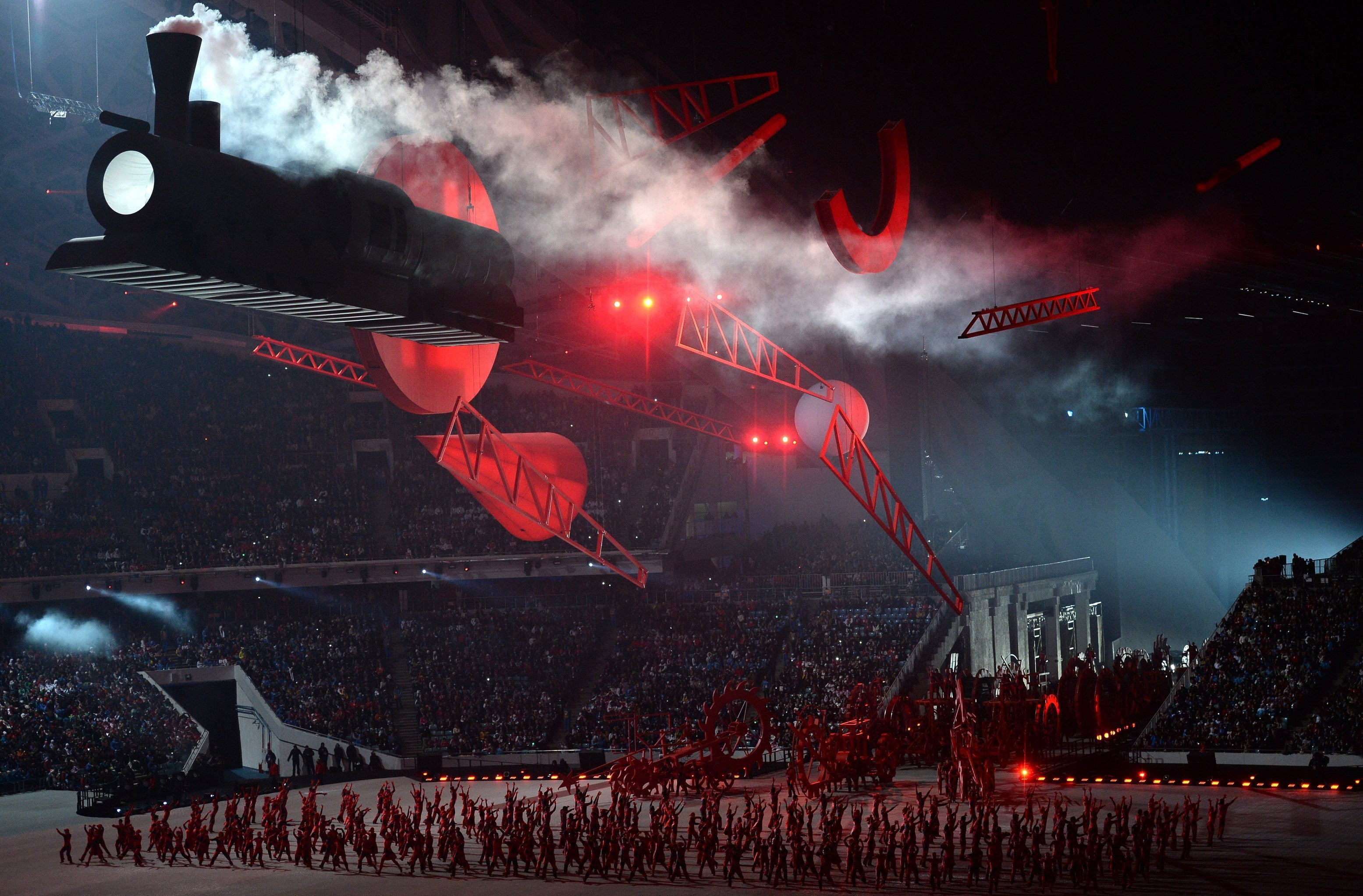 winter, light, stage - Performance Space, architecture, city, smoke - physical structure, illuminated, olympic games, red, positive emotion, fun, building exterior, HD Wallpaper
