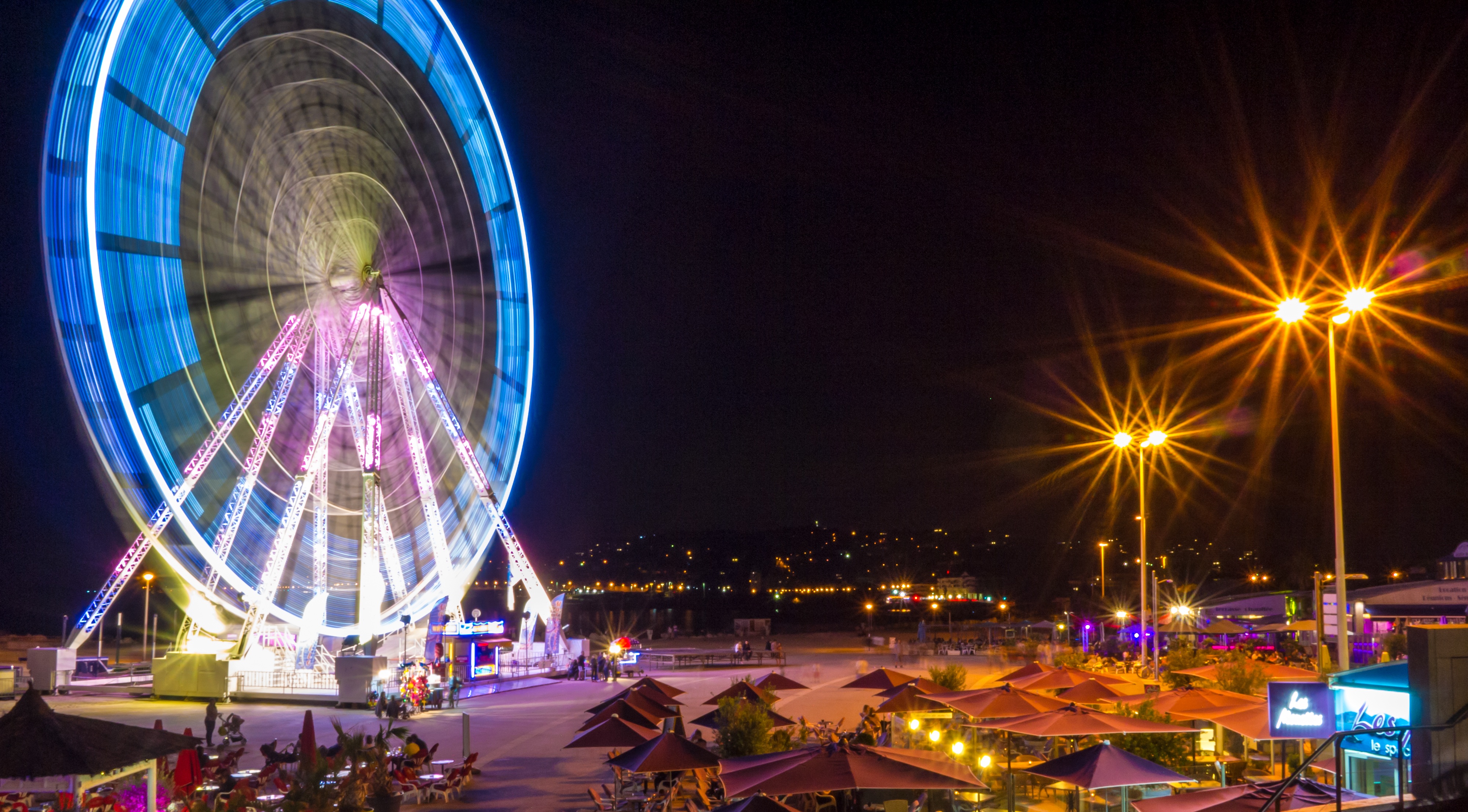 colors, nature, night, summer, illumination, spinning, fun, motion, city life, ferris wheel, amusement park, built structure, sky, fair, long exposure, HD Wallpaper