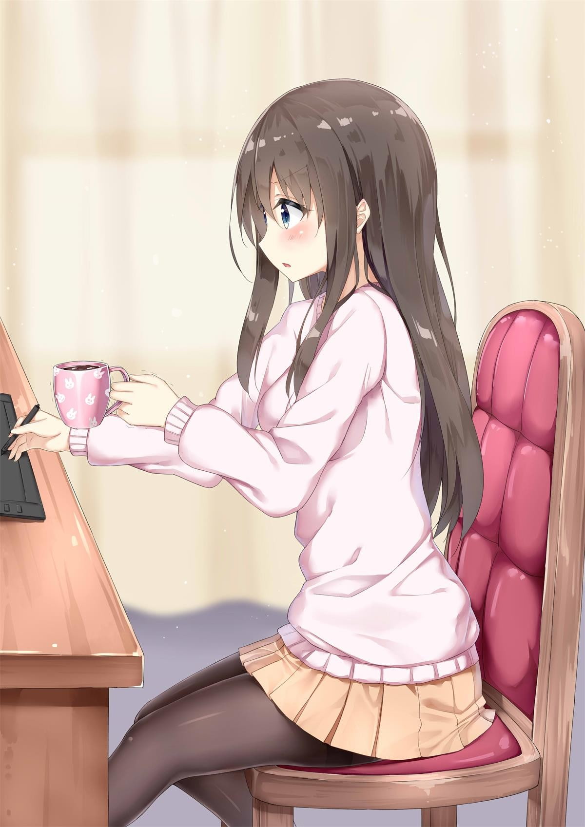 brunette, long hair, skirt, 720P, stockings, anime, anime girls, blue eyes, sweater, Phone HD Wallpaper