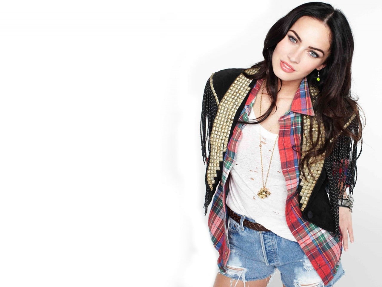 long hair, Megan Fox, blue eyes, 720P, looking at viewer, women, plaid shirt, jean shorts, brunette, actress, T-shirt, makeup, HD Wallpaper