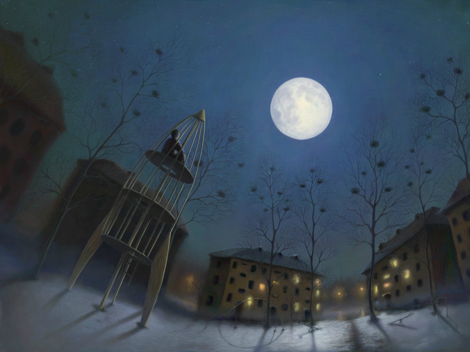 buildings, rocket, night, 720P, moon, digital/artwork, playground, drawing, hd, HD Wallpaper