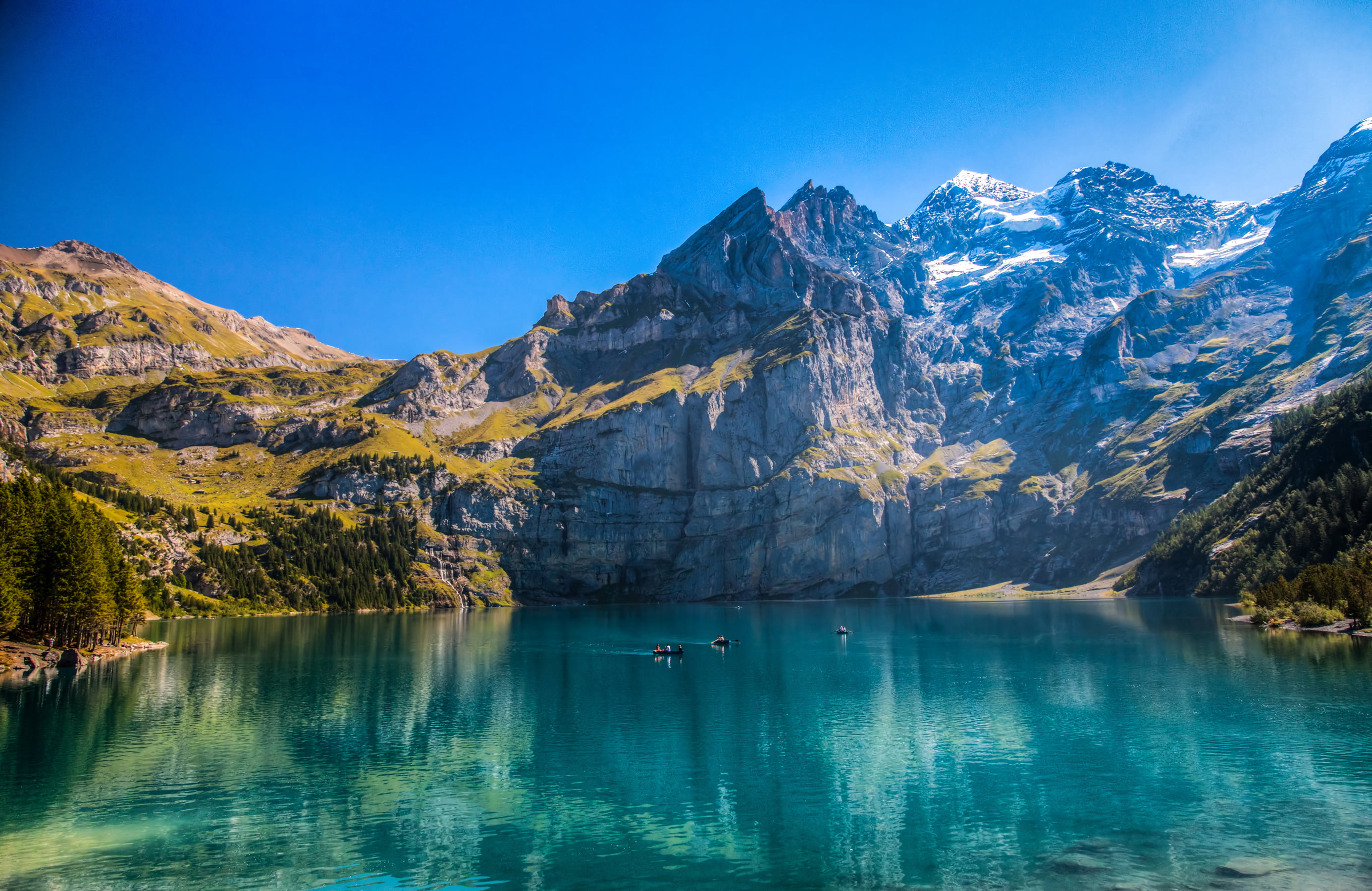 snowcapped mountain, sky, travel, remote, tranquil Scene, 2K, sunlight, summer, reflection, tourism, green Color, boats, vacations, outdoors, alps, european Alps, HD Wallpaper