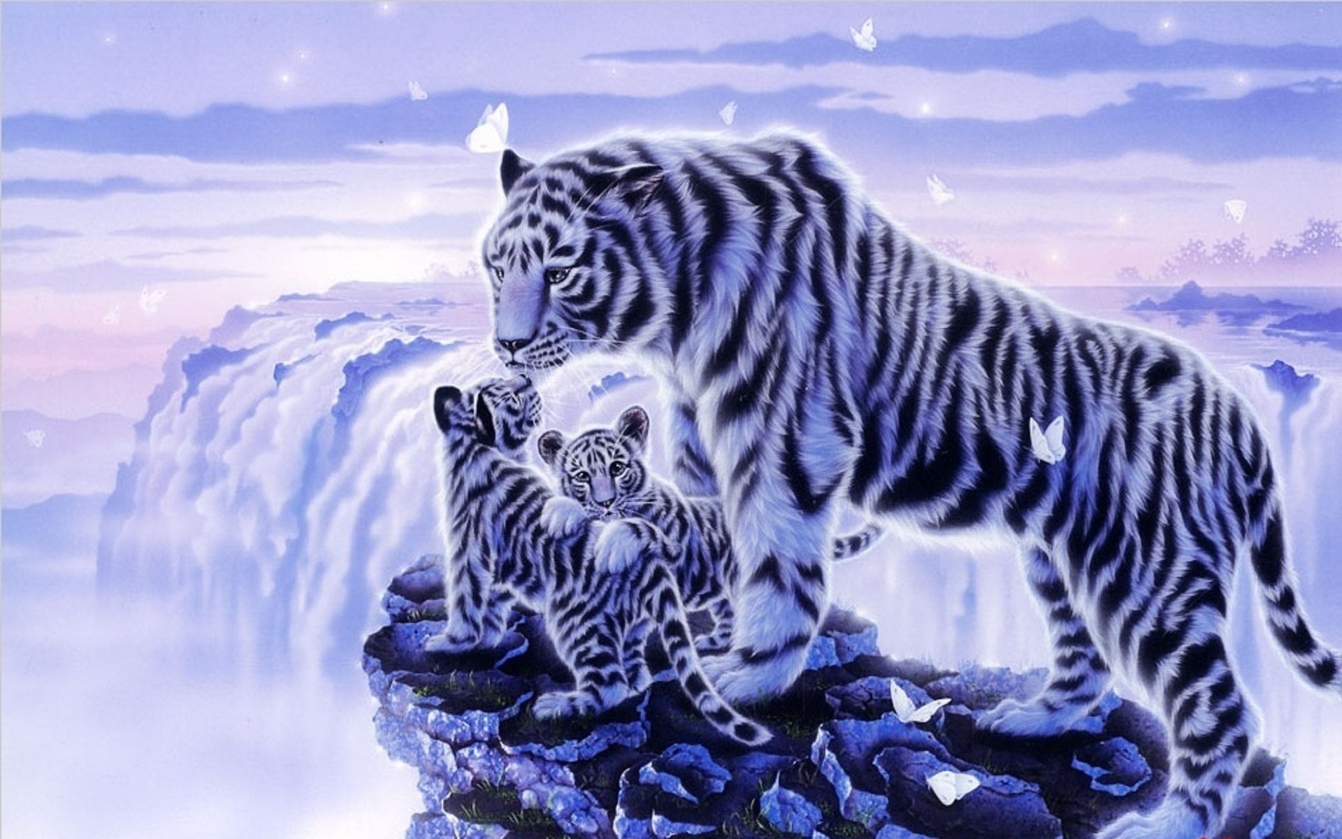 no people, animal, big cat, sky, Tiger, Cub, cloud - sky, group of animals, Fantasy, Artistic, Baby Animal, nature, cat, two animals, 1080P, White Tiger, HD Wallpaper