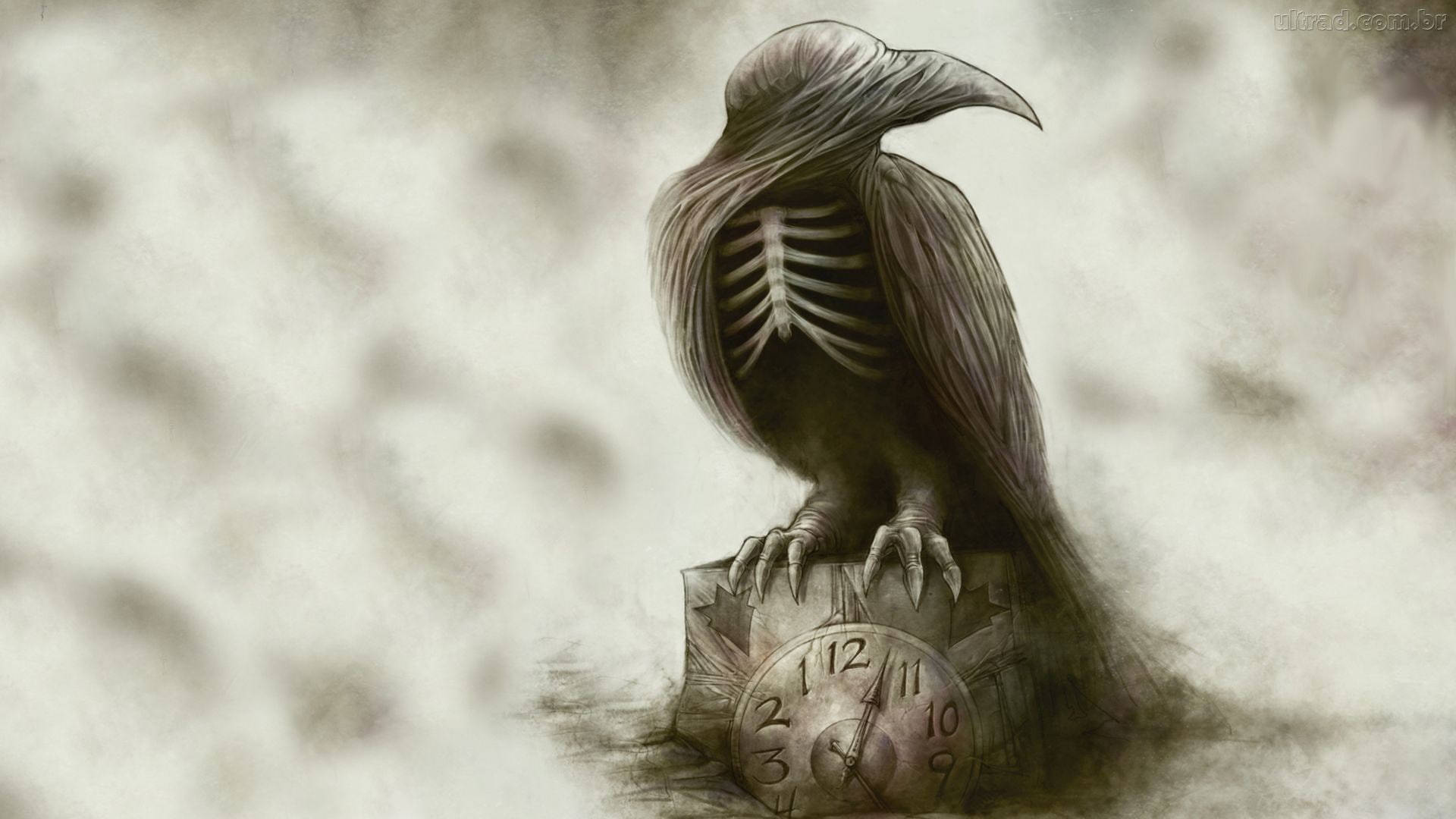sepia, birds, animals, fantasy art, 1080P, simple background, Sounds of a Playground Fading, bones, In Flames, clocks, HD Wallpaper