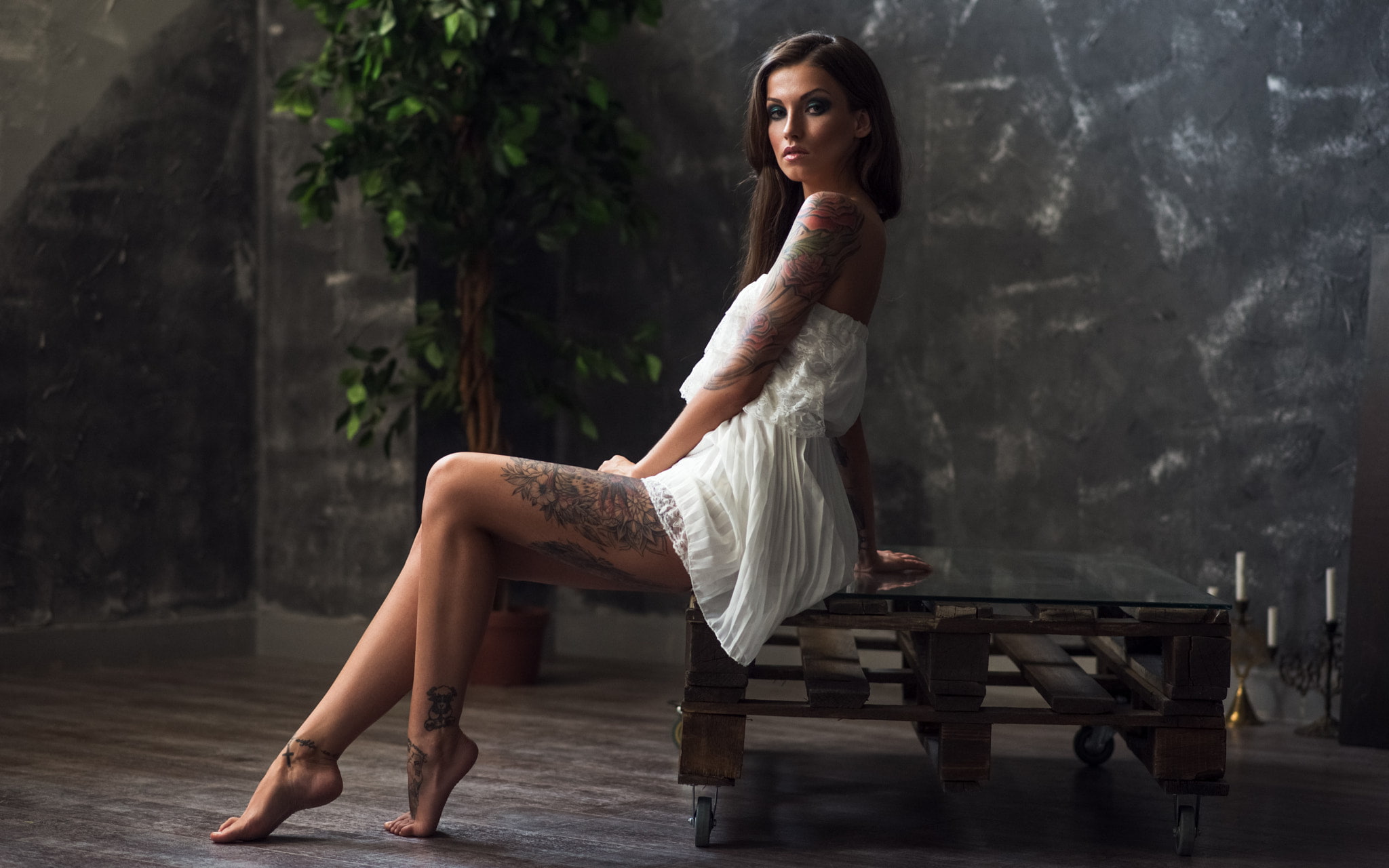 sitting, white dress, tattoo, women, bare shoulders, portrait, 1080P, HD Wallpaper