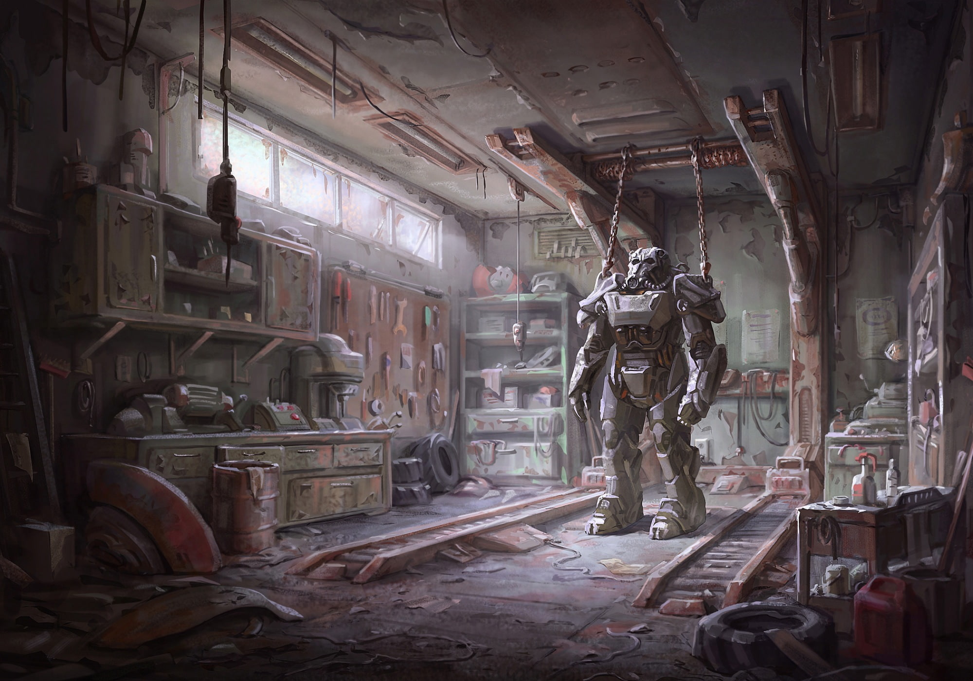 Equipment, Bethesda, Instrumento, Power Armor, Boston, Fallout 4, USA, Apocalypse, Bethesda Game Studios, The building, Workshop, Heath, Garage, Armor, HD Wallpaper