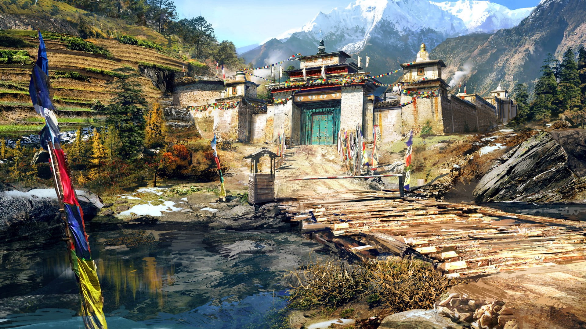 trees, Far Cry 4, lake, nature, wood, video games, water, monastery, fantasy art, mountains, Himalayas, digital art, forest, snowy peak, 1080P, flag, HD Wallpaper