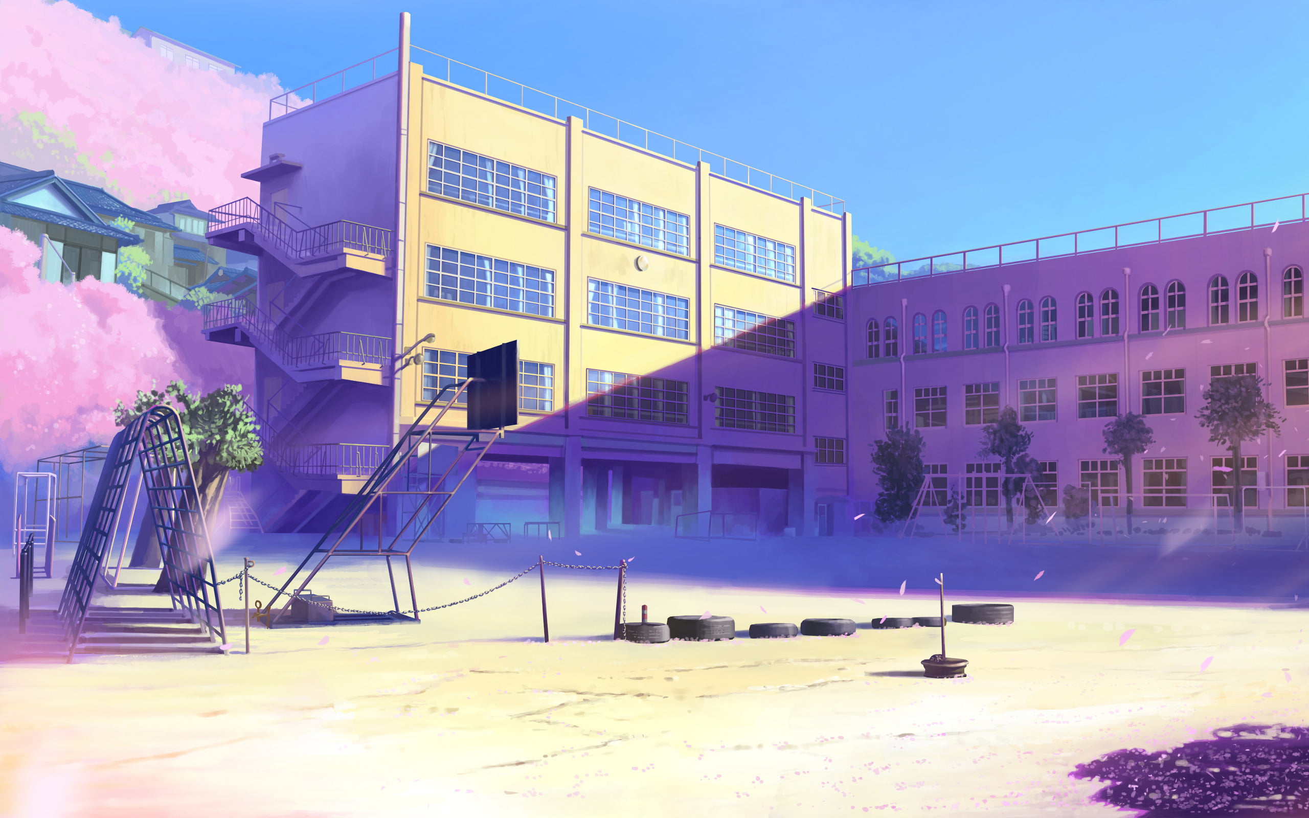 petals, blooming, clear sky, tree, Sakura, plant, sunset, beige, Japan, dusk, Playground, Makoto Xingkai, travel, sky, japan school, building, HD Wallpaper