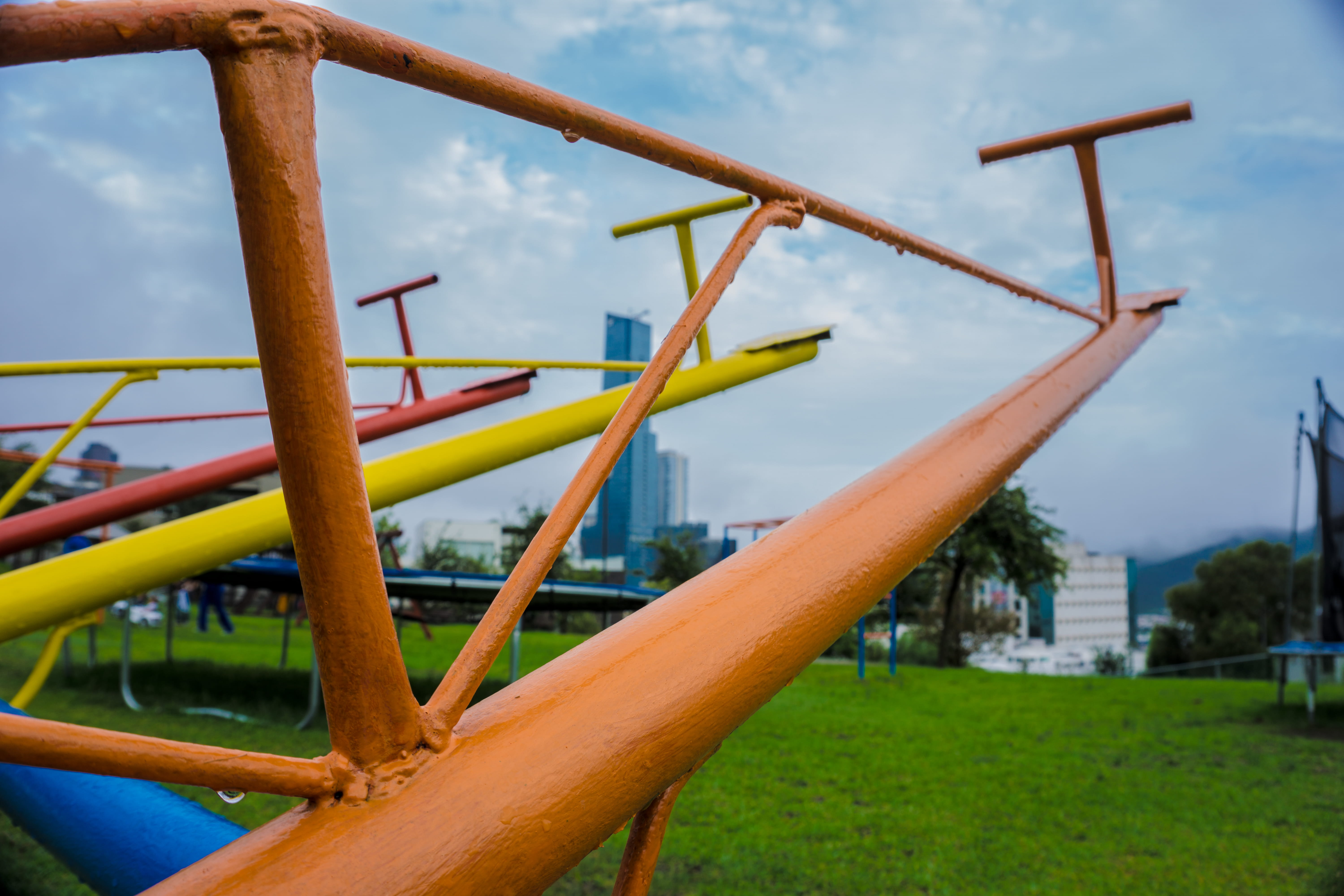 focus on foreground, blue, plant, mexico, close-up, sky, outdoors, park, monterrey, nature, water, outdoor play equipment, absence, cloud - sky, land, no people, HD Wallpaper