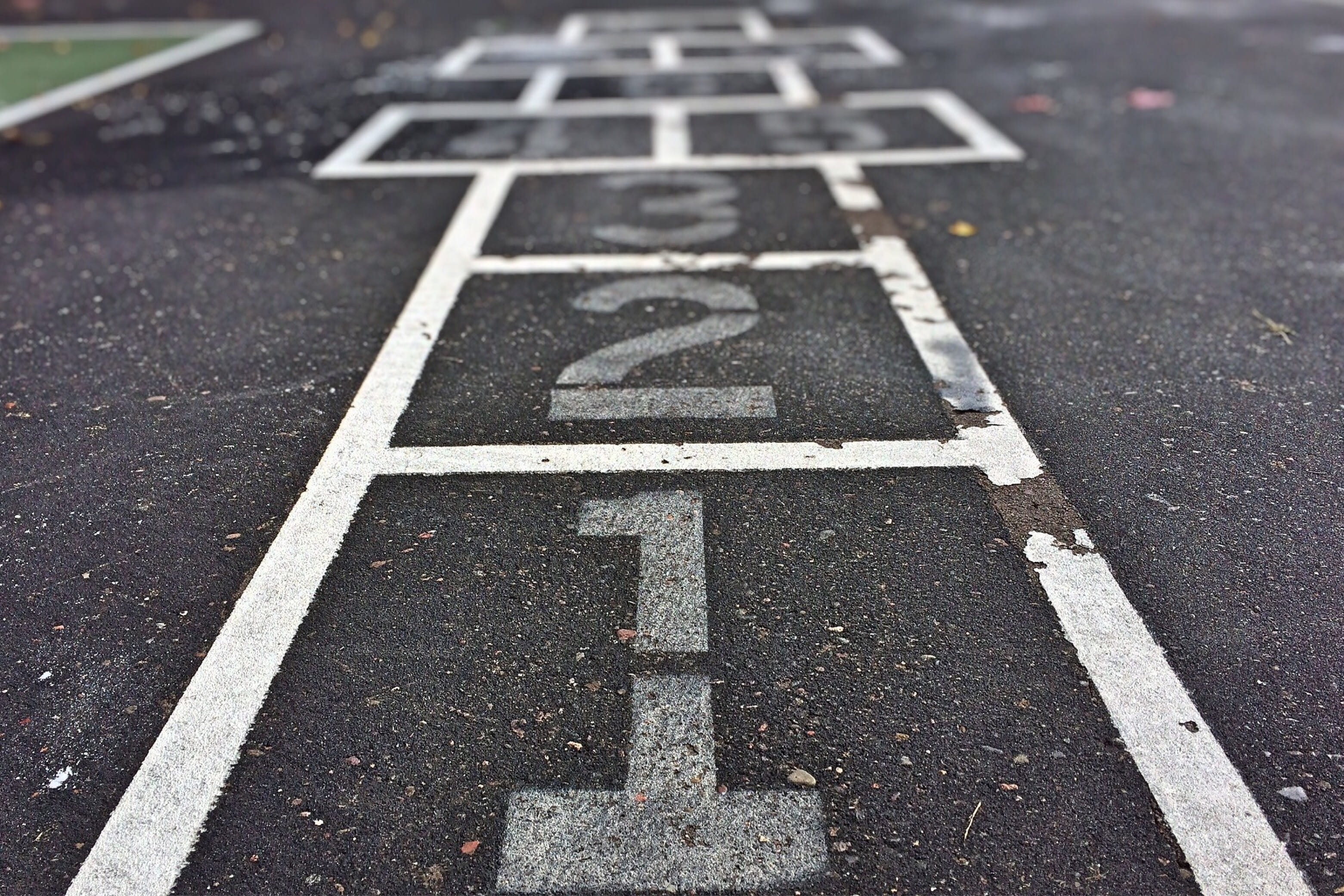 hopscotch, high angle view, outdoors, marking, white, asphalt, 2K, sign, road, pavement, no people, floor, white color, number, game, surface level, relaxation, HD Wallpaper