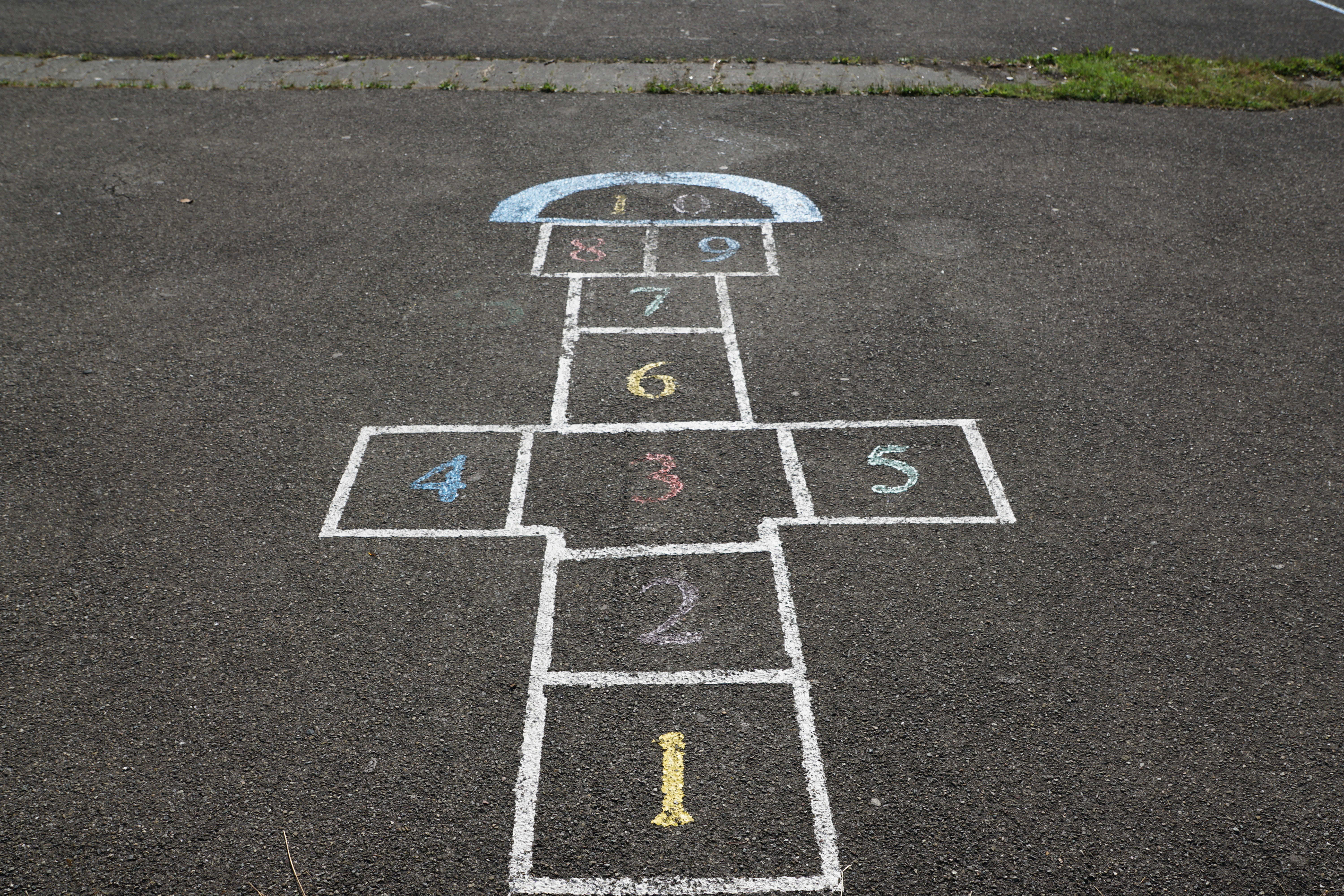 leisure activity, relaxation, asphalt, play, no people, earth, high angle view, 5K, hopscotch, sky, road, drawing - art product, playground, sport, number, HD Wallpaper
