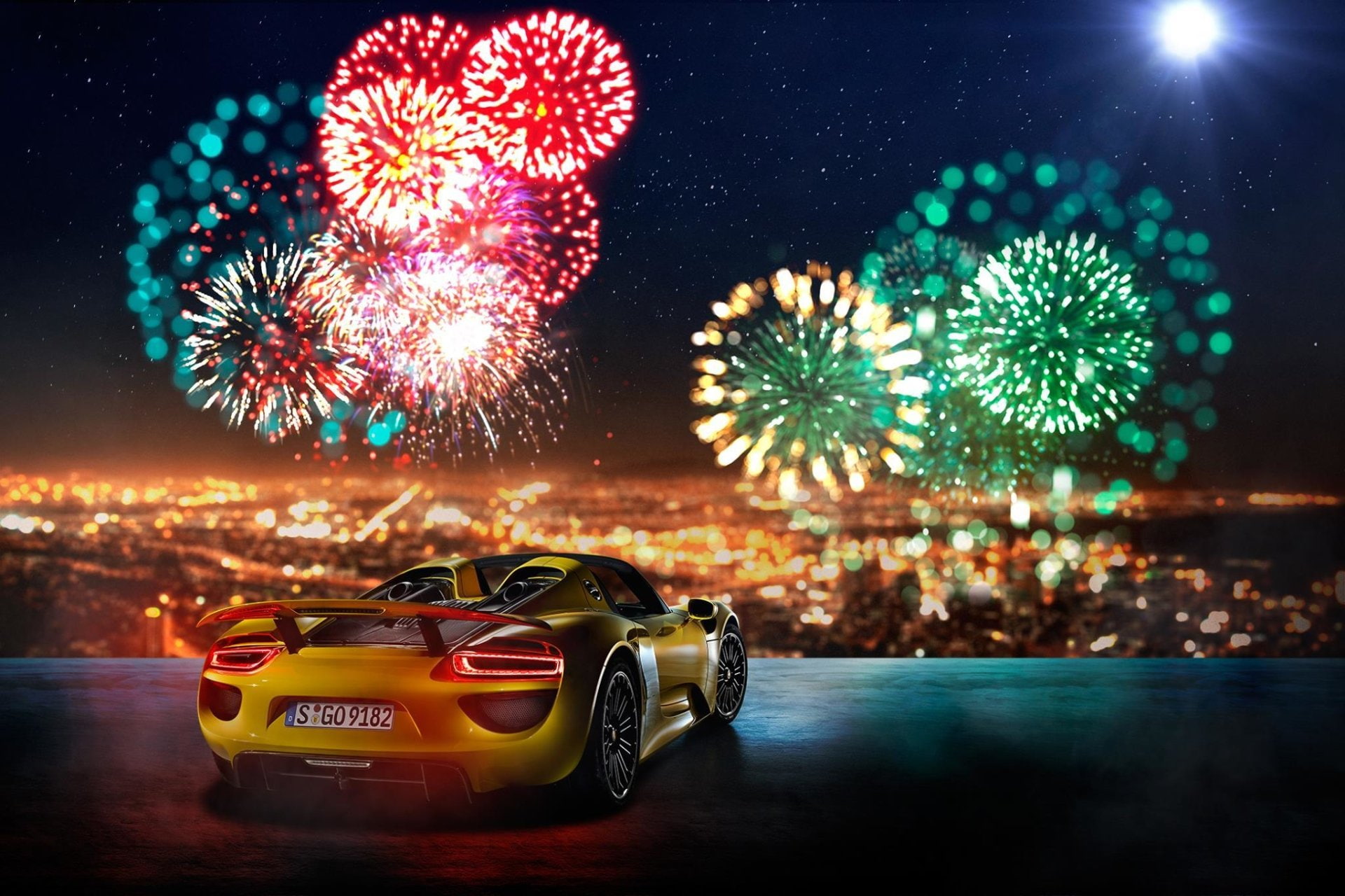 1080P, Vehicle, Car, Porsche 918 Spyder, Fireworks, Yellow Car, Supercar, Porsche, HD Wallpaper