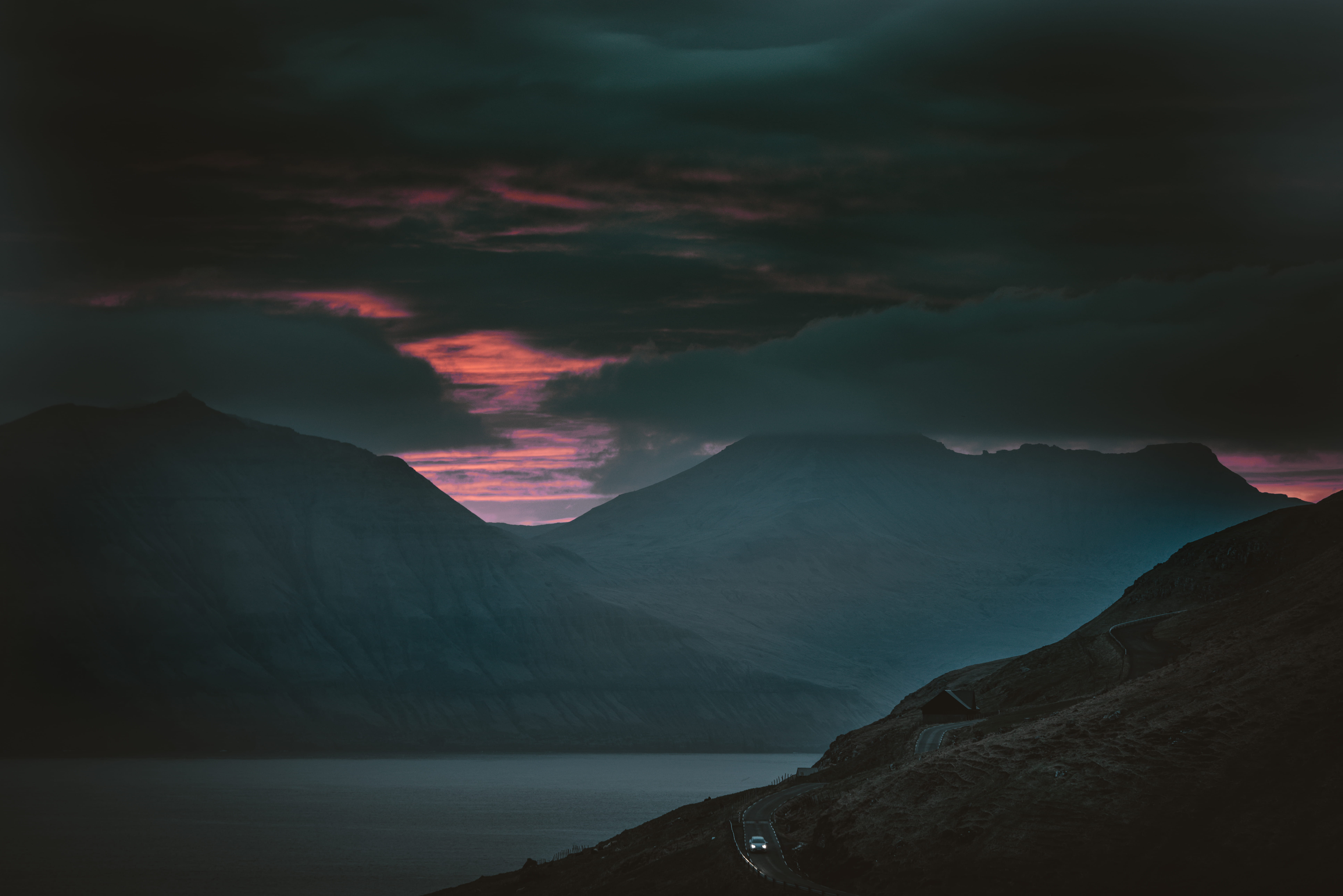 no people, cloud - sky, moody, landscape, scenics - nature, sky, red, outdoors, dark, lake, mountains, tranquility, cloud, mountain, two, car, idyllic, HD Wallpaper