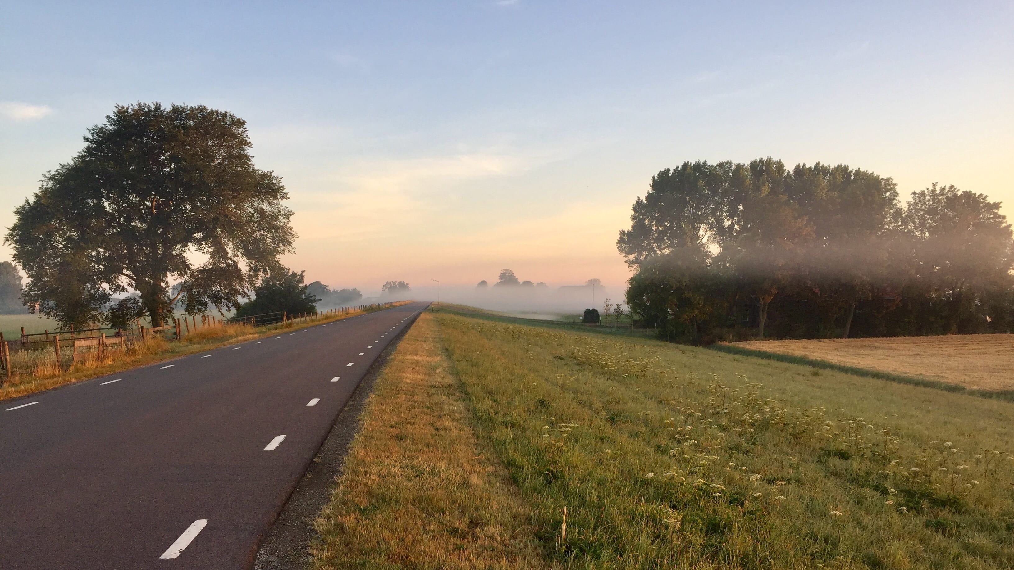 netherlands, photo, green, direction, westfriesedijk 7, field, mist, asphalt, tranquility, way, sunset, nature, roadside, beauty in nature, long, transportation, HD Wallpaper