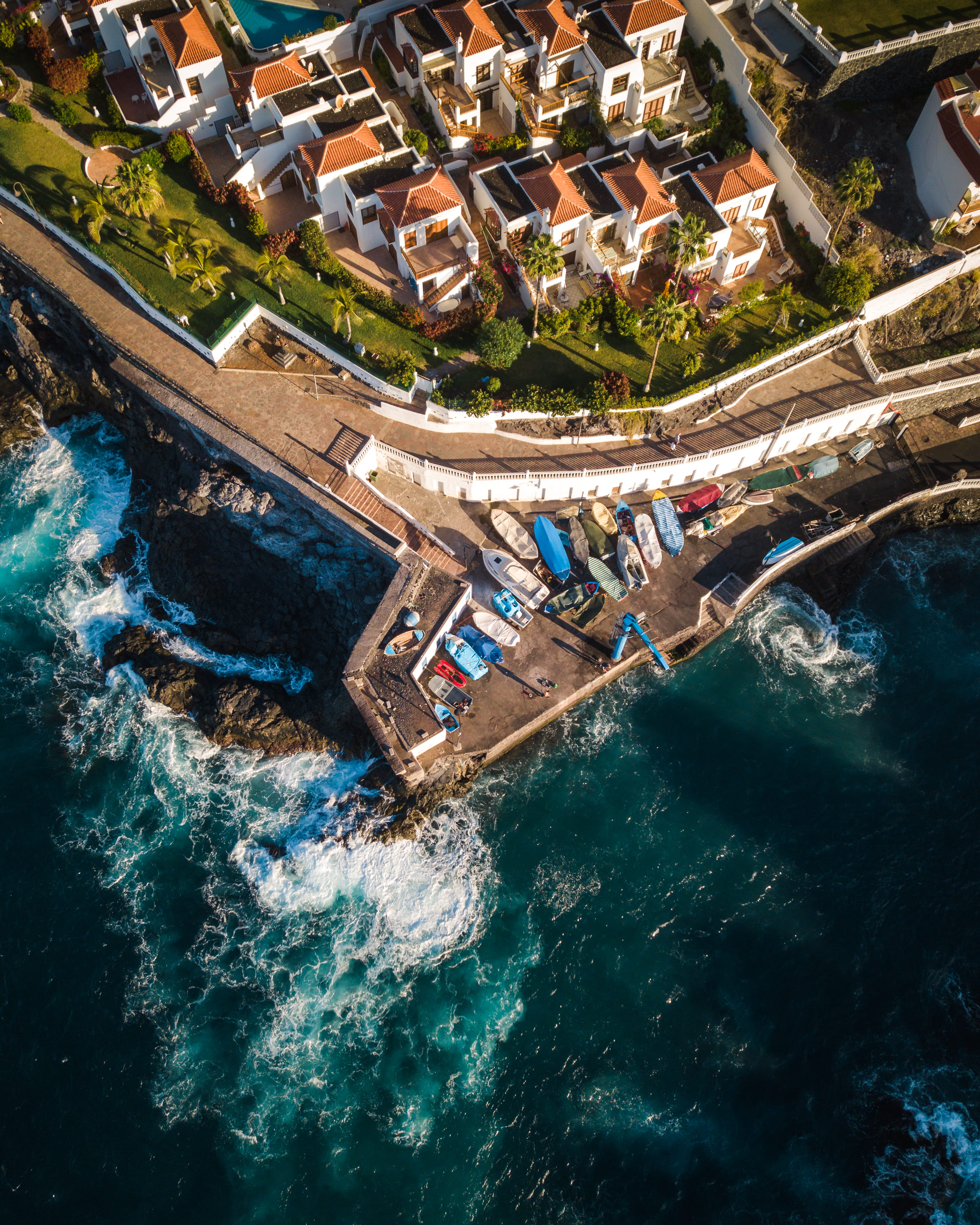 road, water, turquoise colored, building exterior, scenery, no people, aerial view, topdown, 2K, spain, waterfront, mode of transportation, built structure, Phone HD Wallpaper