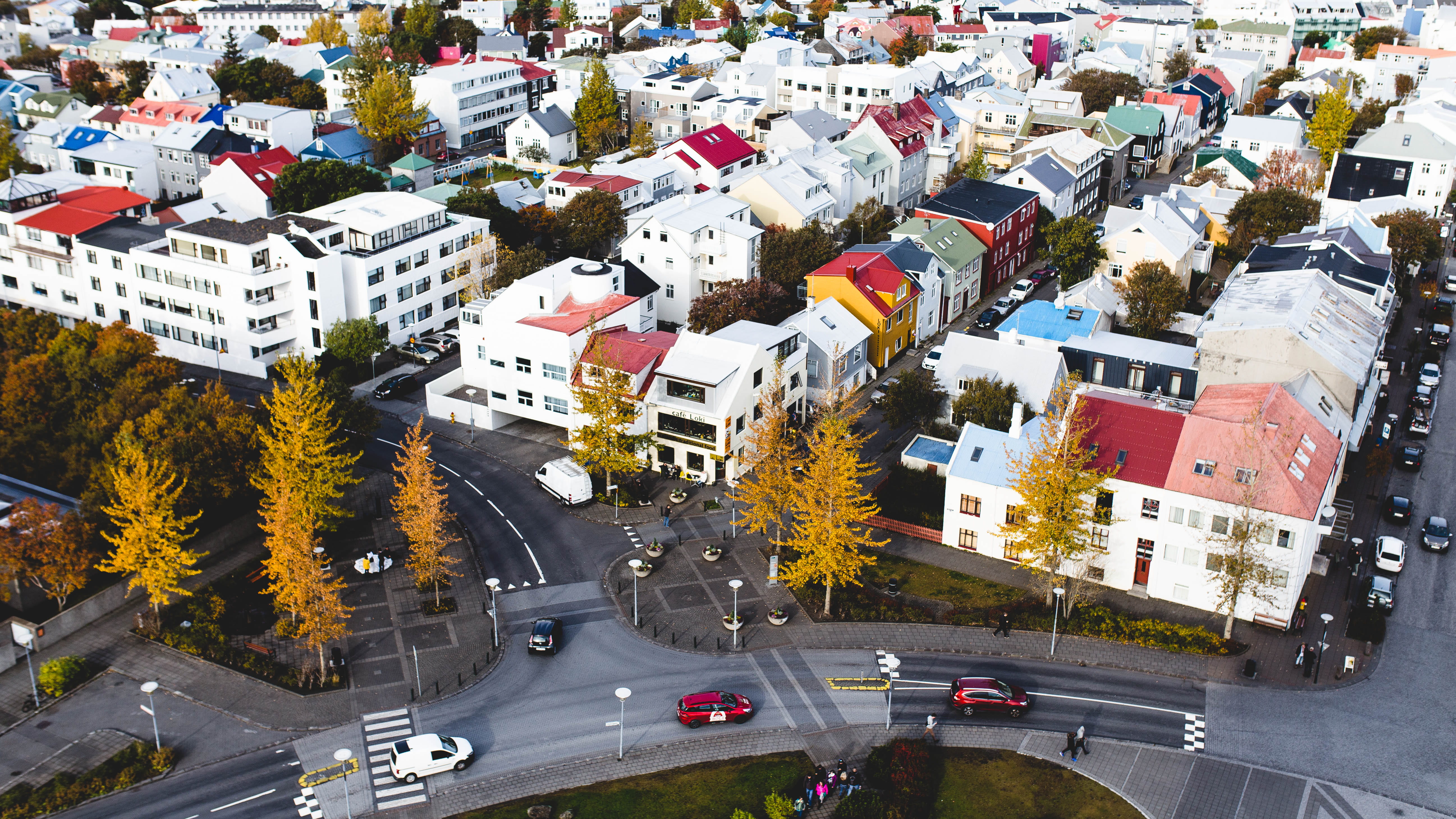 transportation, high angle view, photography, 5K, nature, cityscape, buildings, village, city, colorful, colourful, road, trees, motor vehicle, drone, HD Wallpaper