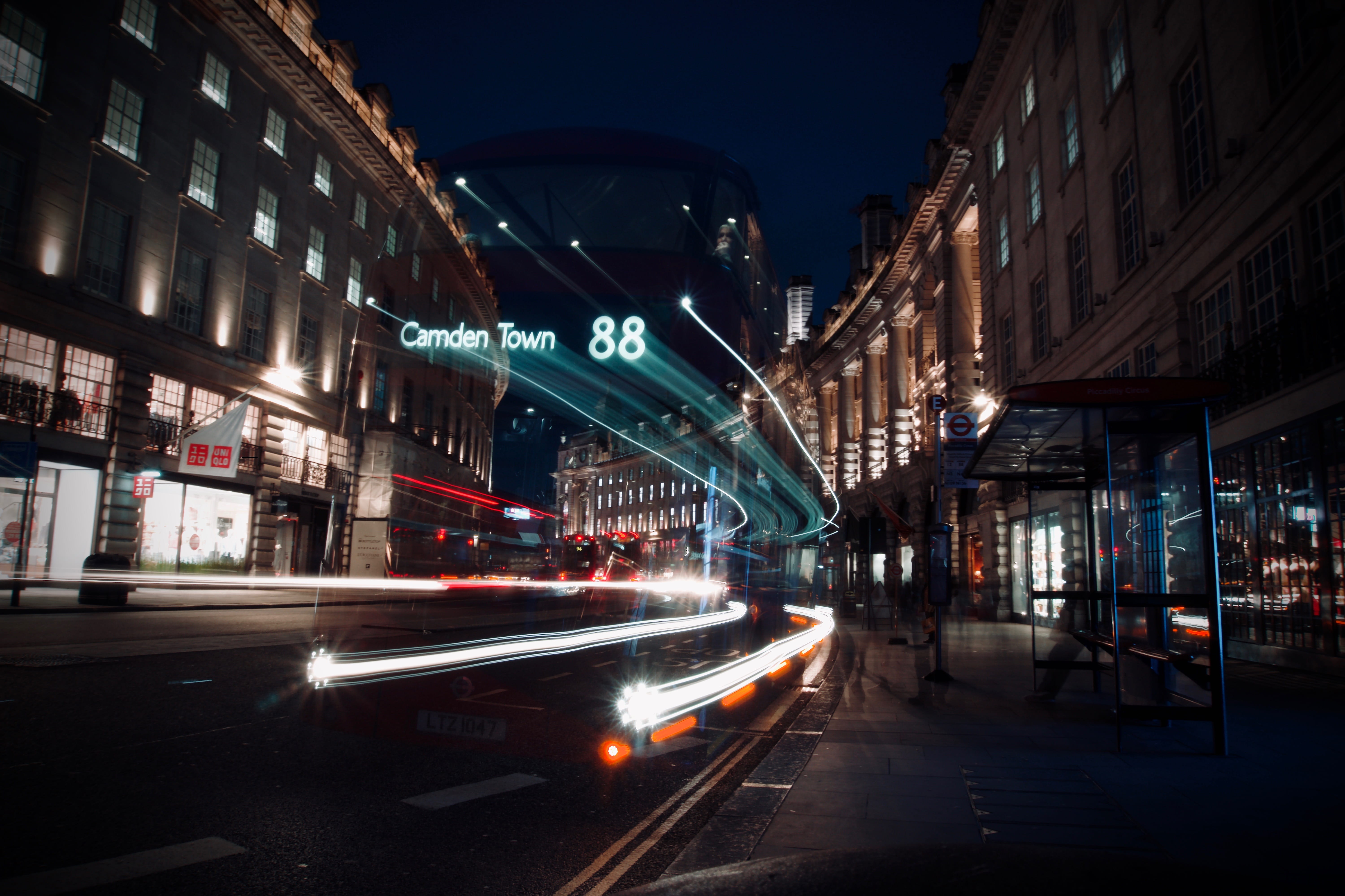sign, night, time, blurred motion, road, pedestrian, city life, lapse, transportation, downtown, intersection, way, tarmac, light trail, bus, 5K, longexposure, HD Wallpaper