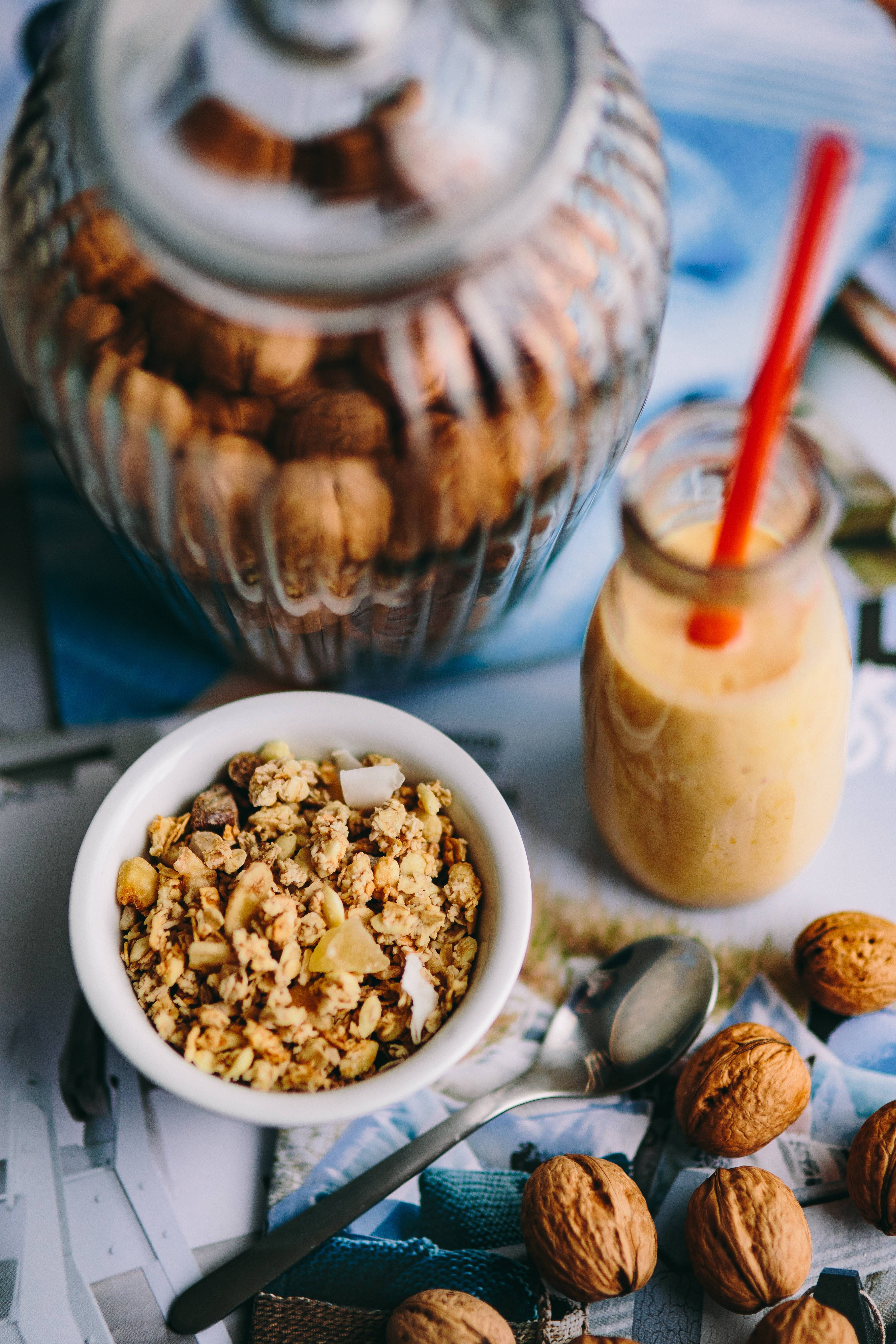 glass, still life, food and drink, shake, full, sweet Food, breakfast, no people, gourmet, dairy product, Jar, refreshment, oatmeal, freshness, walnuts, Phone HD Wallpaper