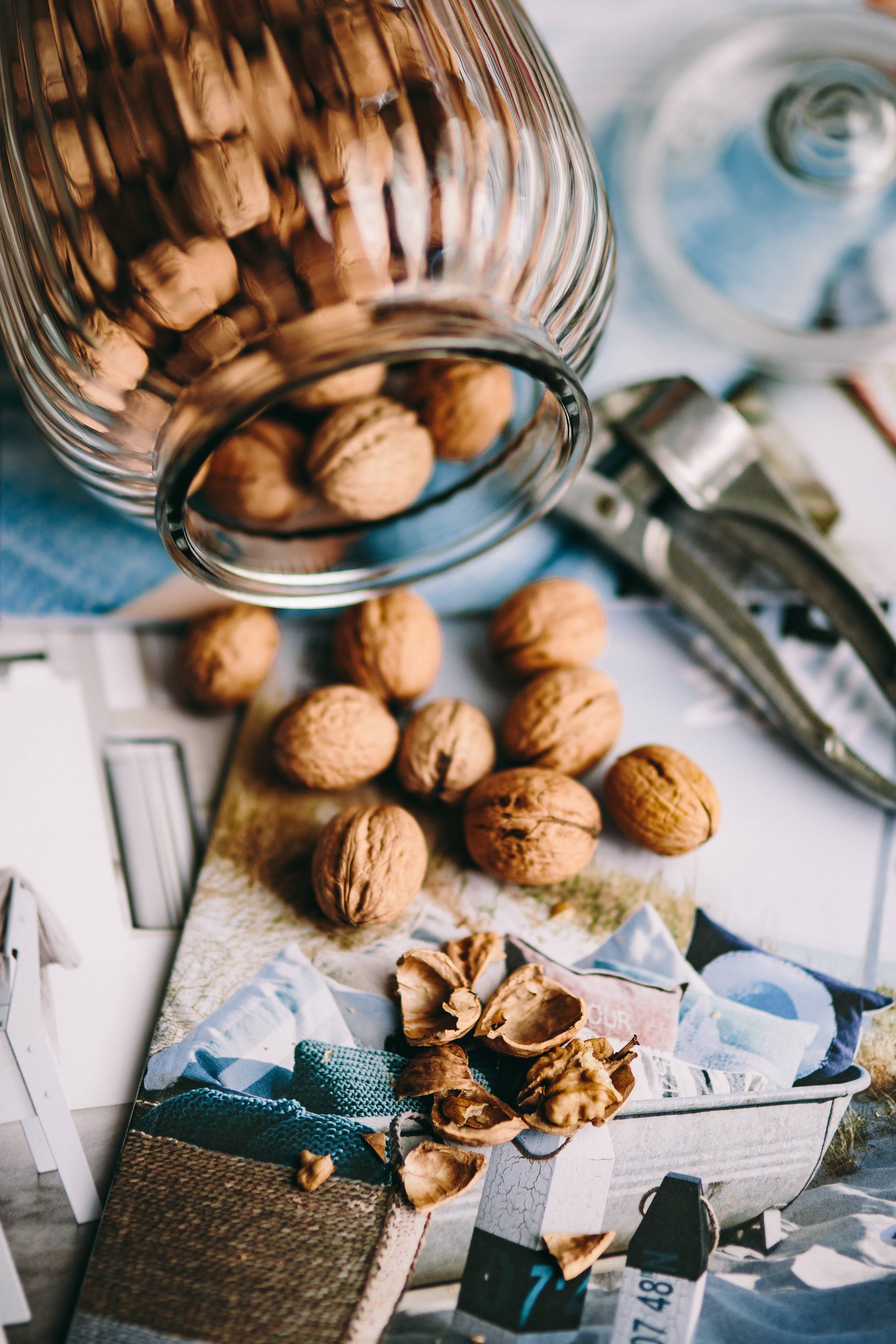 healthy eating, glass - material, homemade, snack, bowl, fit, healthy, table, wellbeing, musli, walnut, still life, preparation, freshness, nuts, container, Phone HD Wallpaper