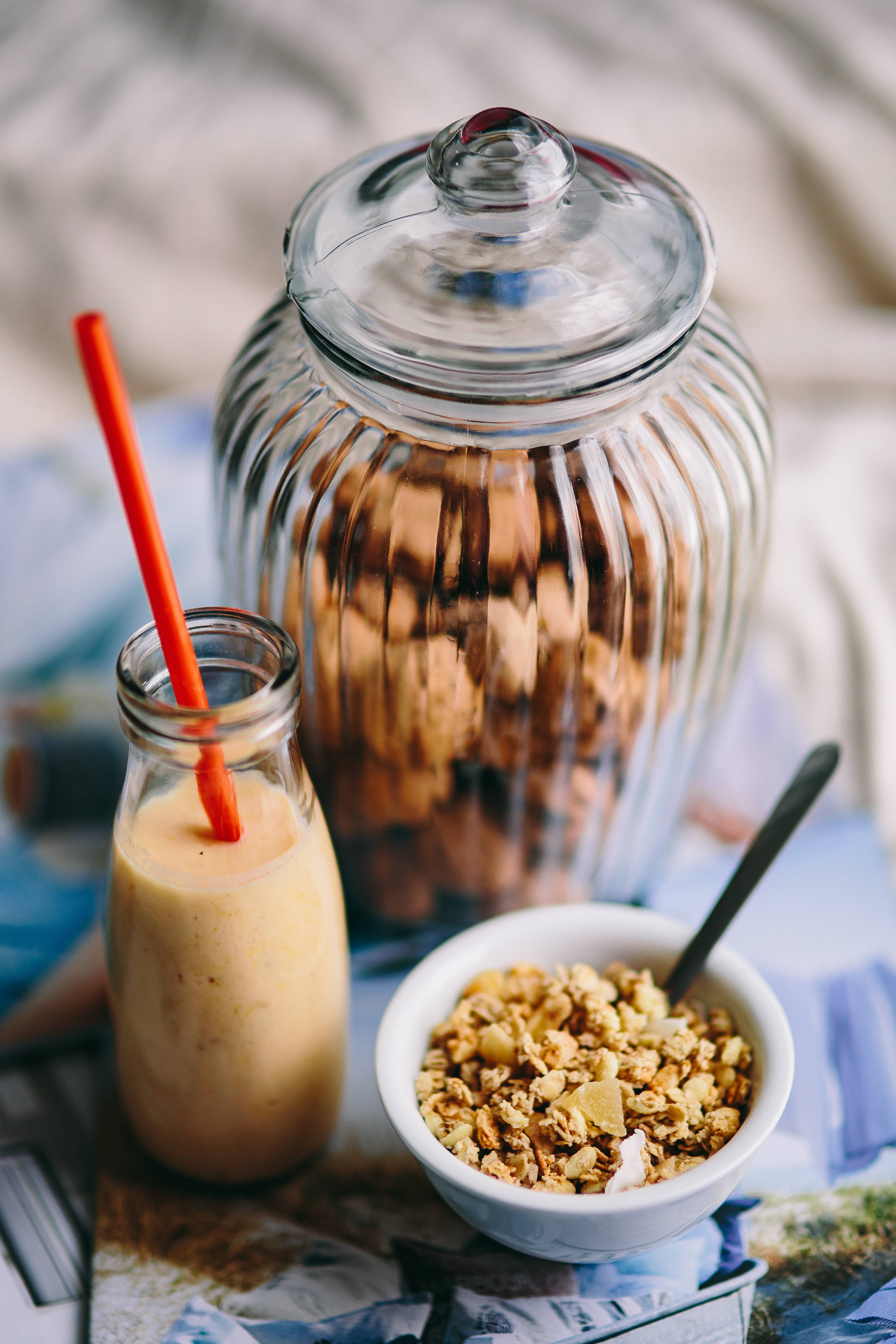 glass - Material, container, milk, transparent, fit, meal, glass, walnut, breakfast Cereal, table, close-up, drinking Glass, snack, straw, organic, granola, Phone HD Wallpaper