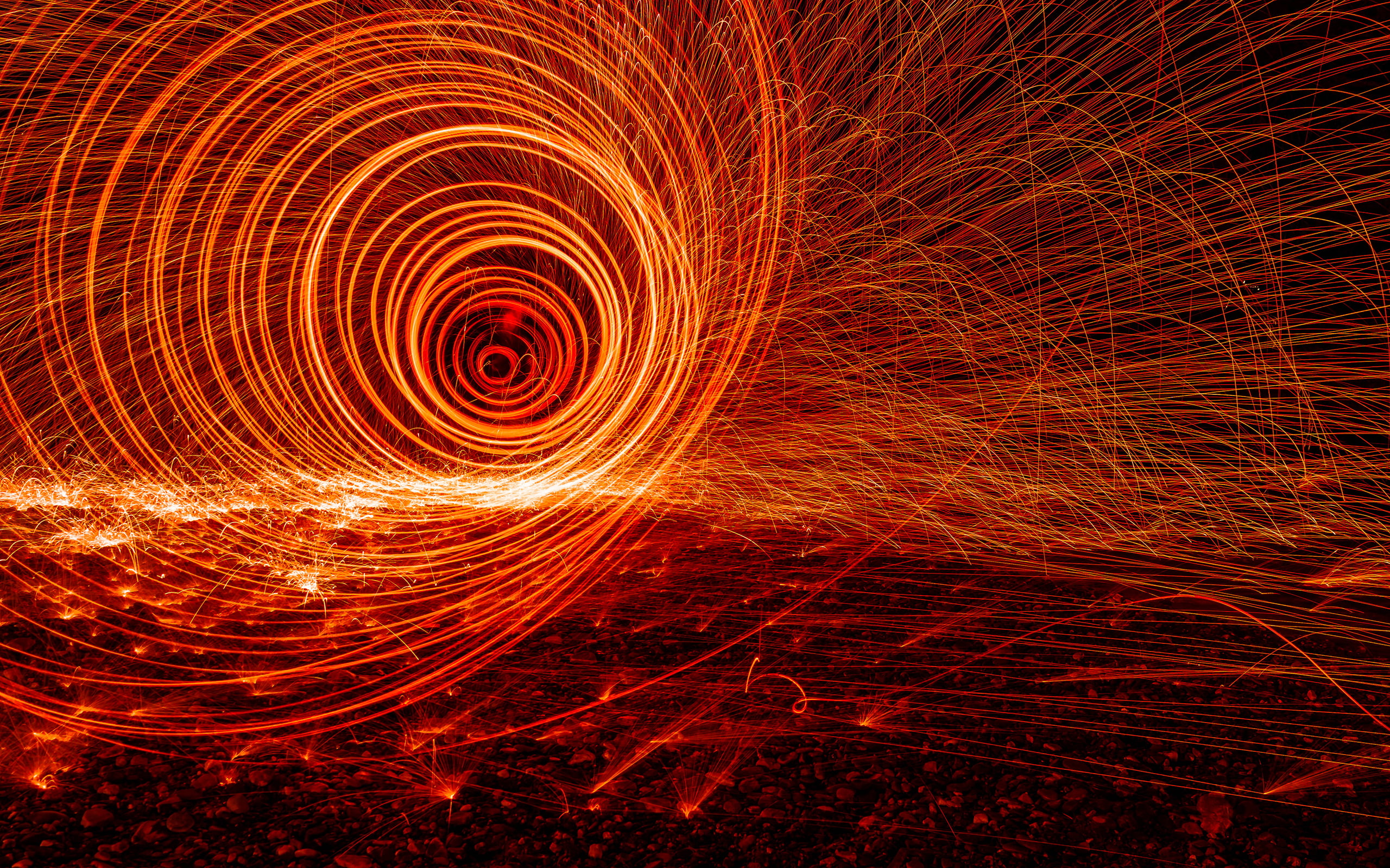vortex, lights, abstract, 2K, light painting, long exposure, streaks, sparks, spiral, heat, HD Wallpaper