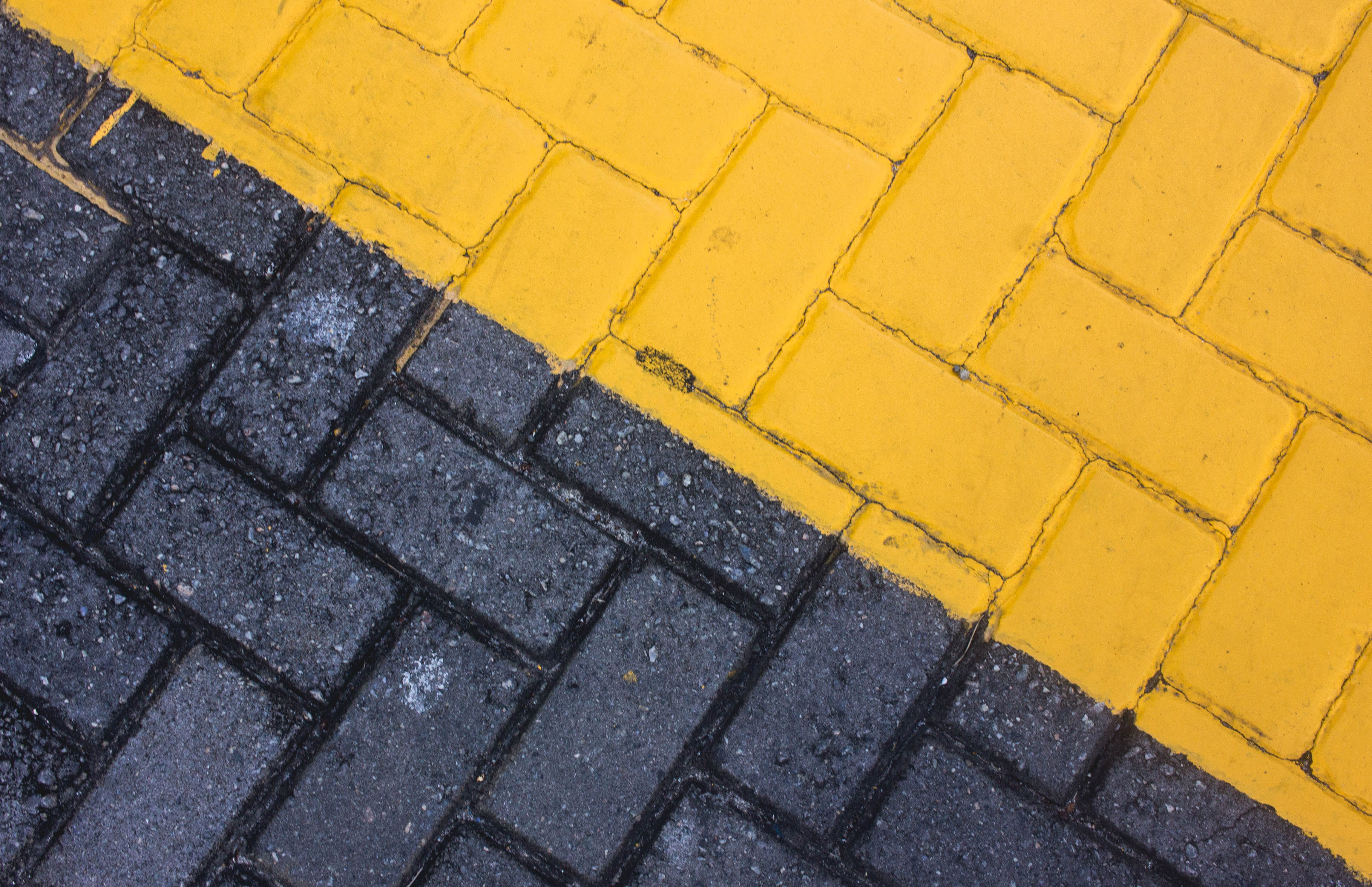 black color, raod, symbol, sidewalk, road marking, pavement, road, yellow, dividing line, black, no people, transportation, high angle view, pattern, bricks, HD Wallpaper
