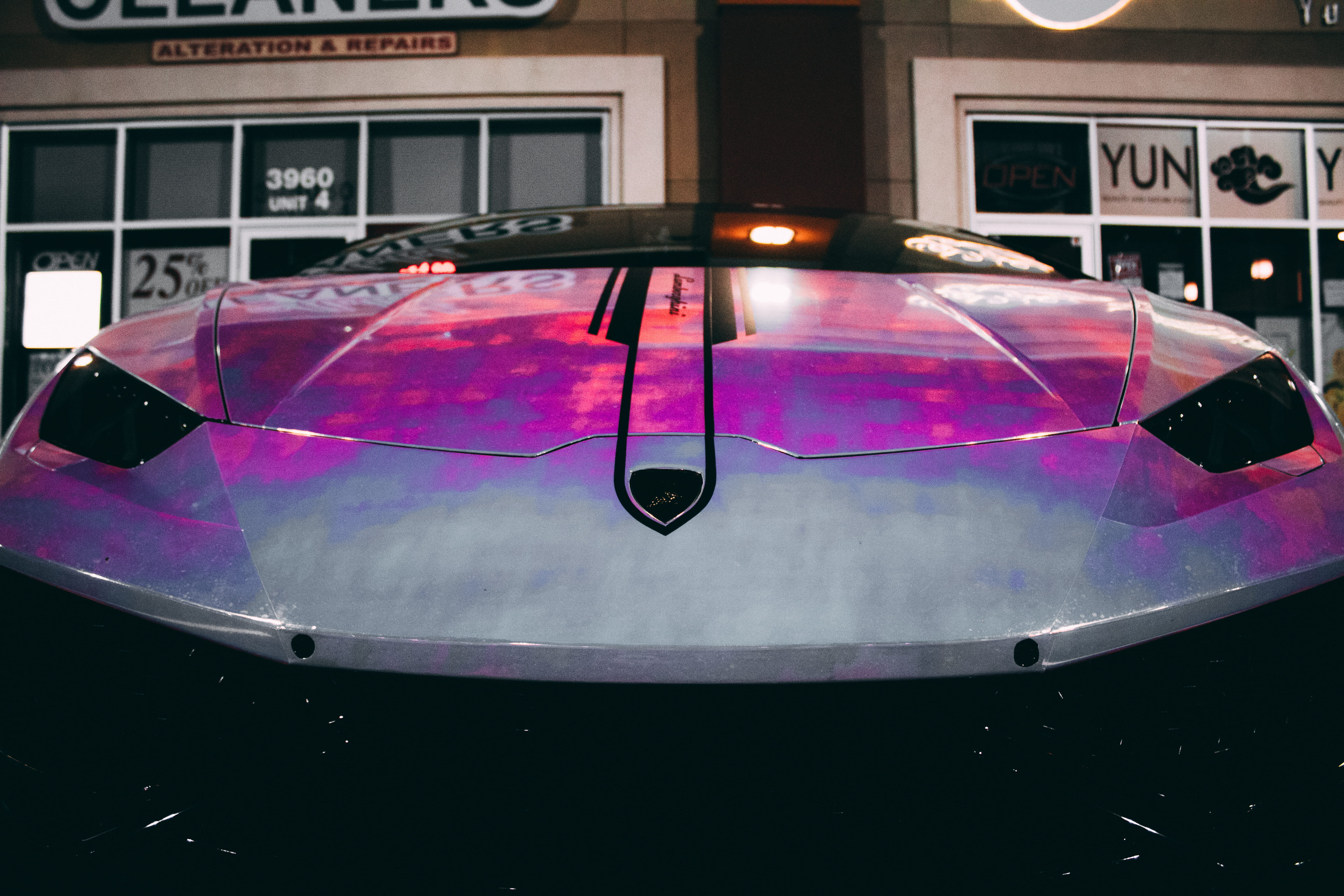 night, mode of transportation, multi colored, ontario, land vehicle, outdoors, shiny, glass - material, reflective, pink color, day, architecture, transportation, HD Wallpaper