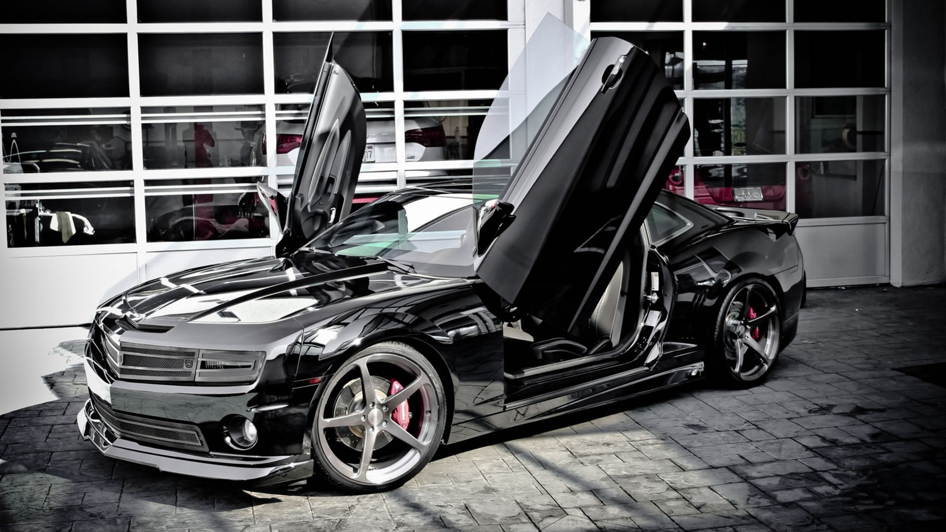 Camaro, 1080P, Lambo doors, black, Chevrolet, HD Wallpaper